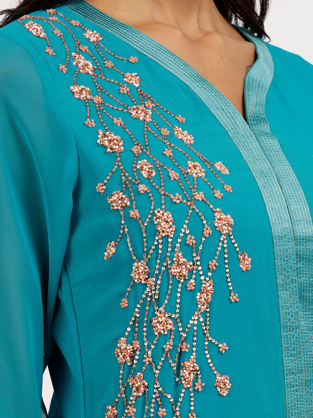 Turquoise Georgette Kurti With Bird Embroidery