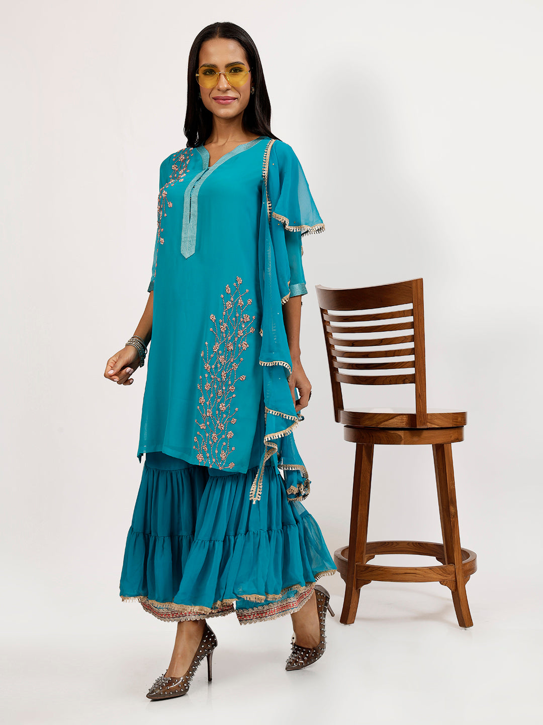 Turquoise Georgette Kurti With Bird Embroidery