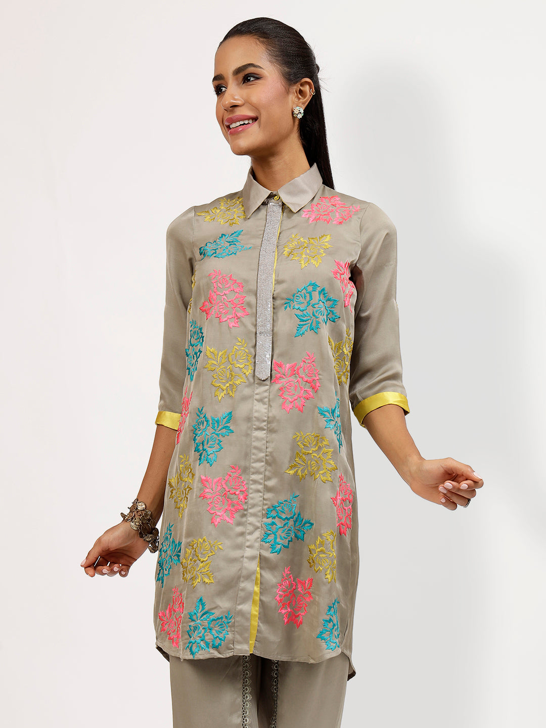 Grey Tunic With Multi Colour Flower