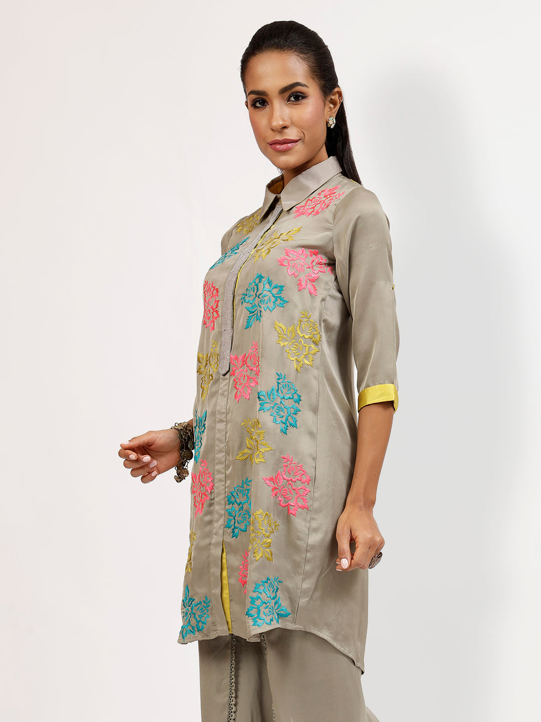 Grey Tunic With Multi Colour Flower