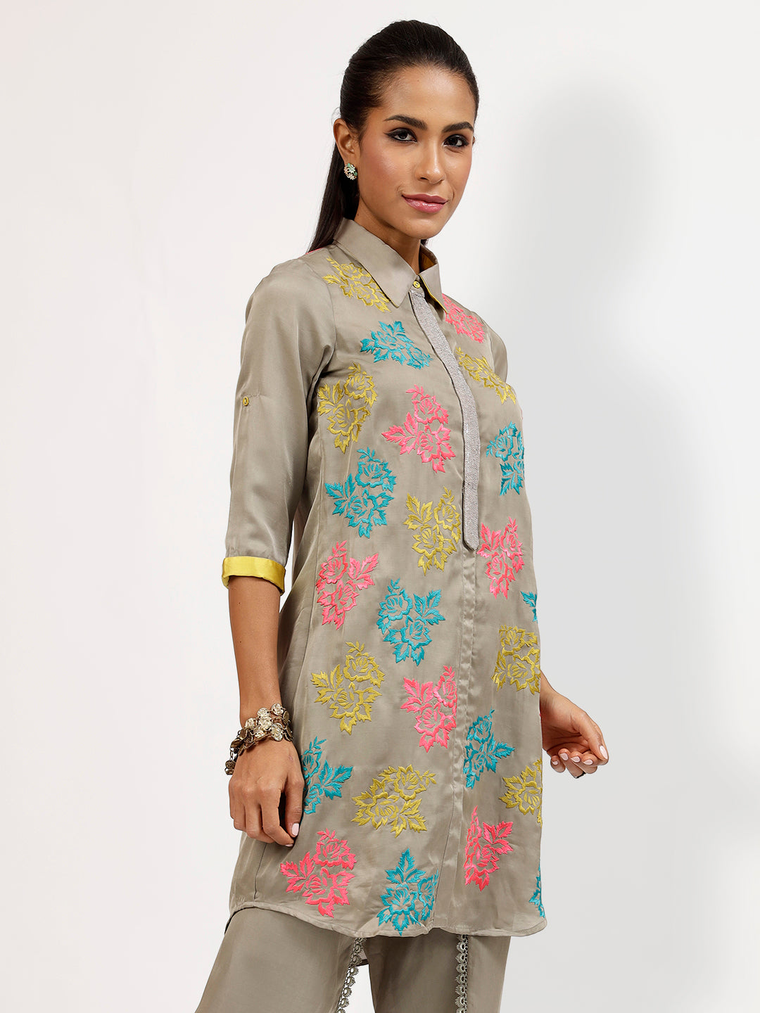 Grey Tunic With Multi Colour Flower