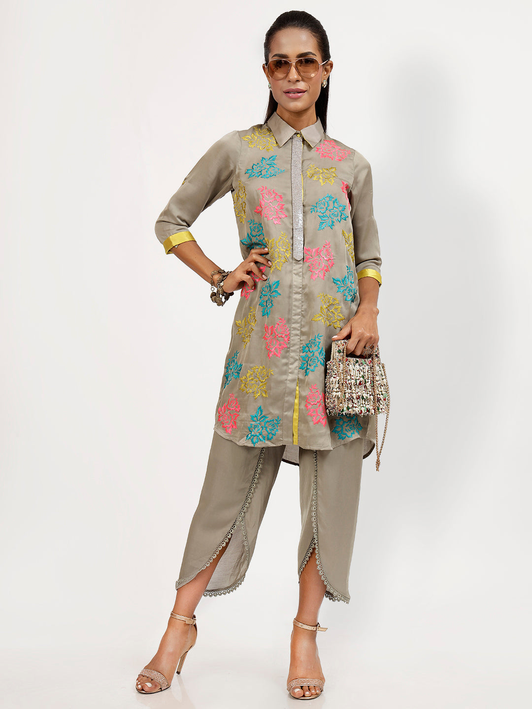 Grey Tunic With Multi Colour Flower