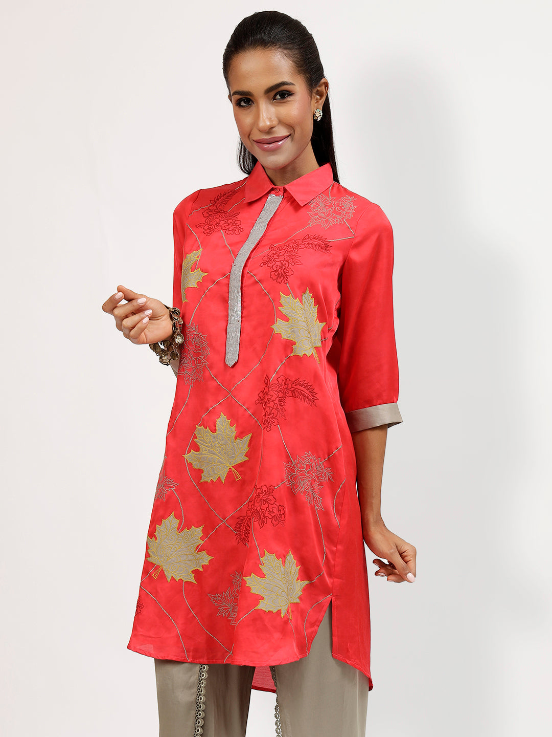 Red Tye N Dye Kurti With Grey Patch Work