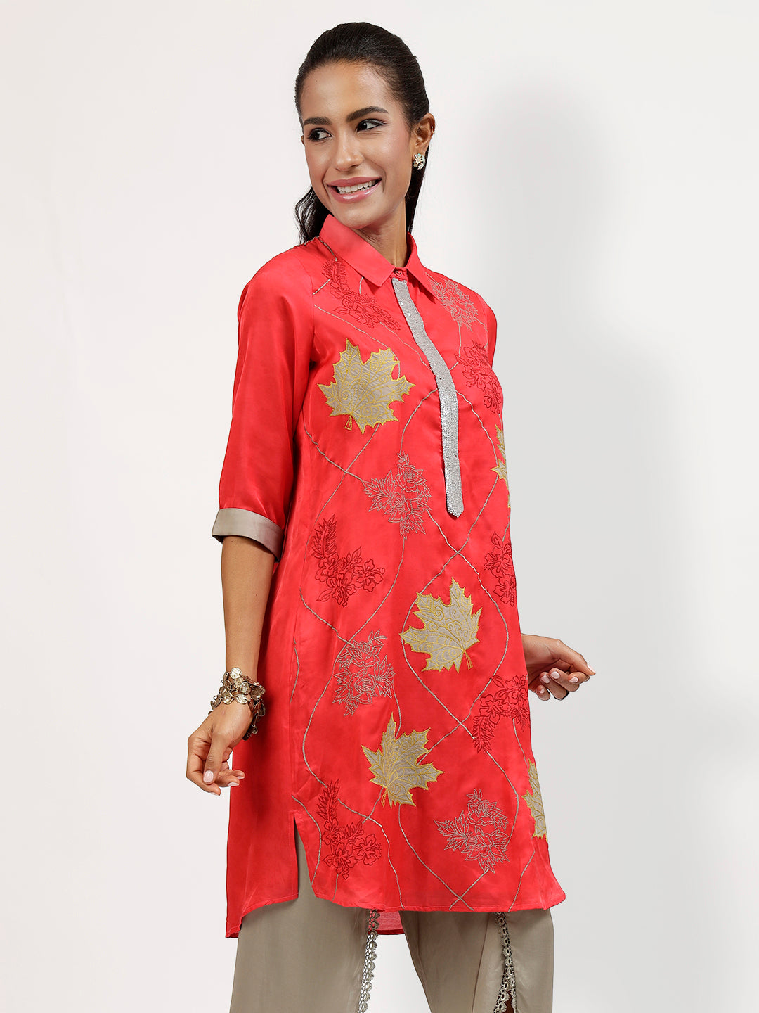 Red Tye N Dye Kurti With Grey Patch Work