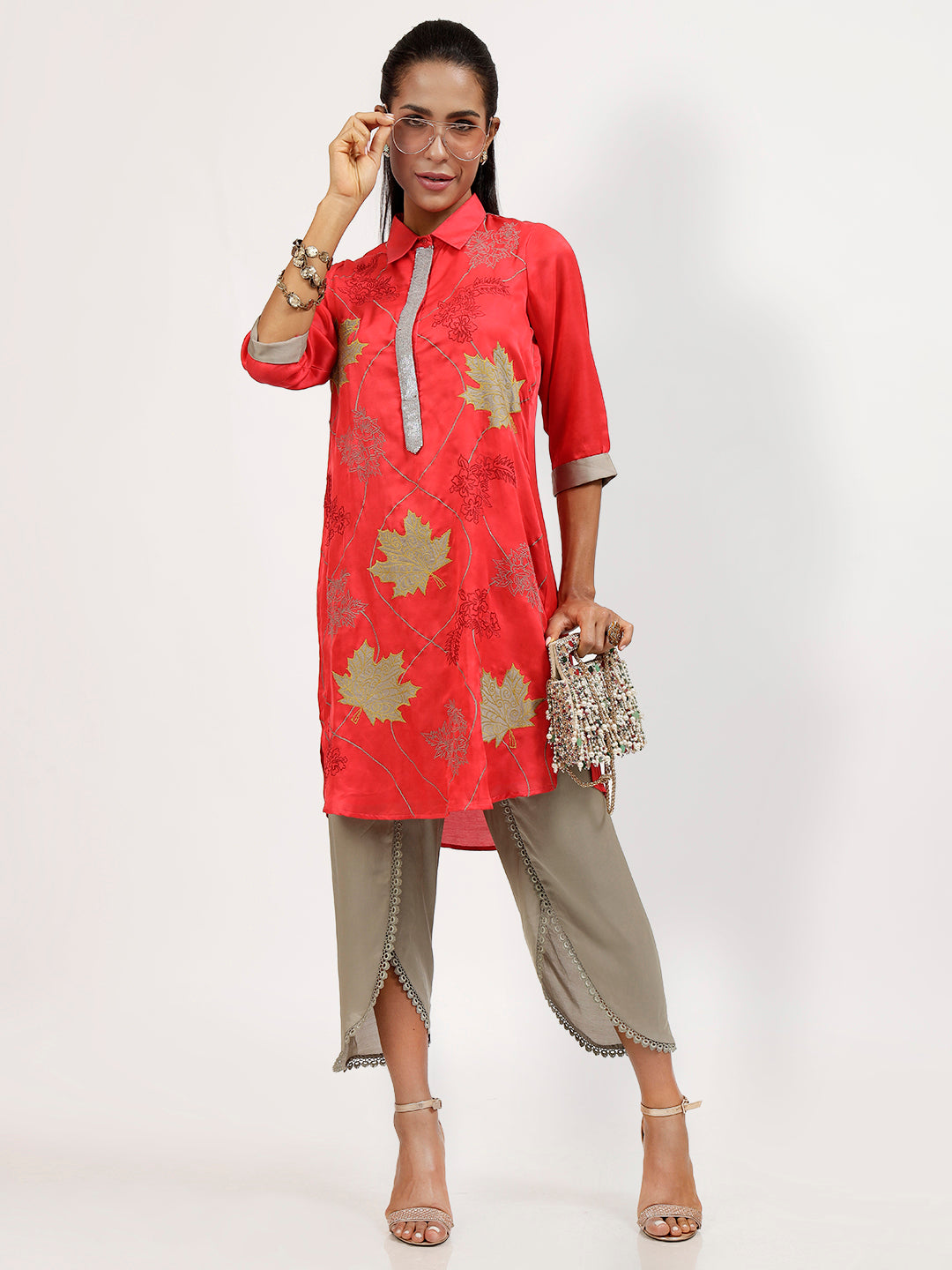 Red Tye N Dye Kurti With Grey Patch Work