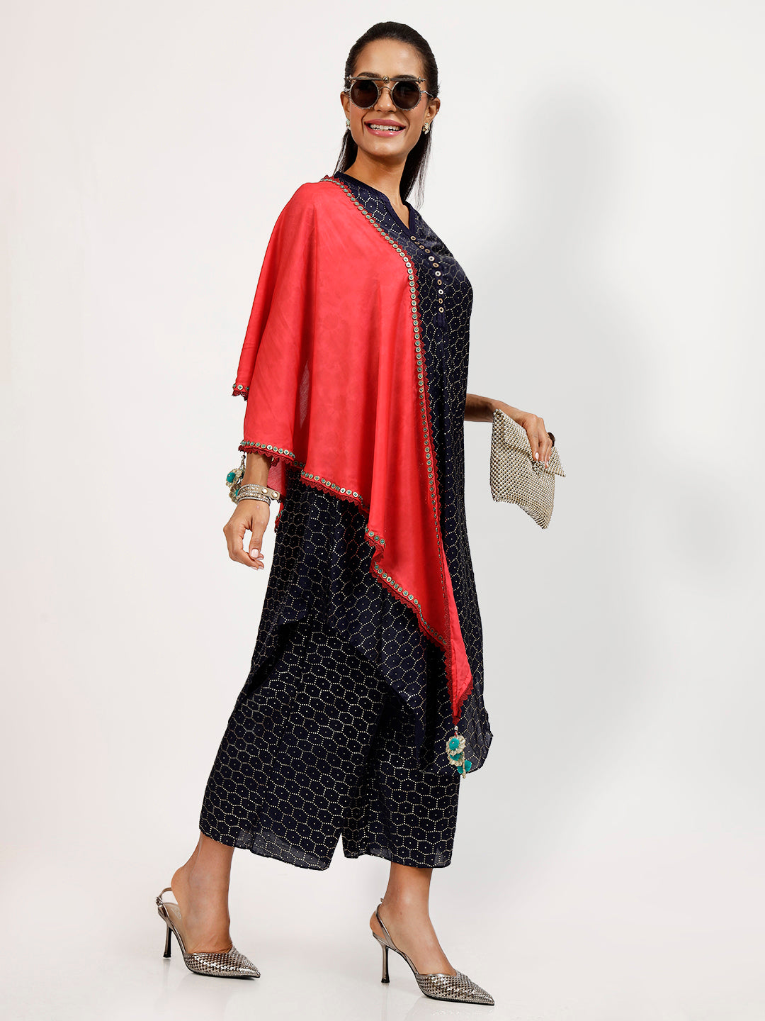Red Tye & Dye Stole With Green Pom Pom