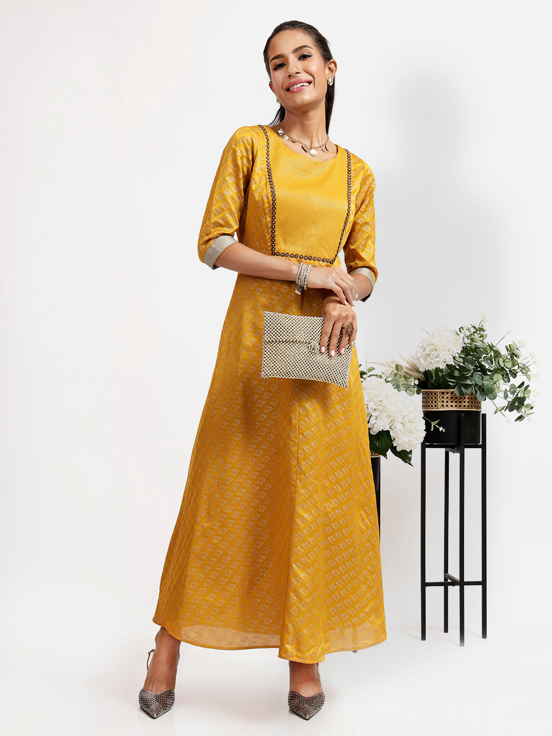 Yellow Long Double Layer Dress With Overlap At Back