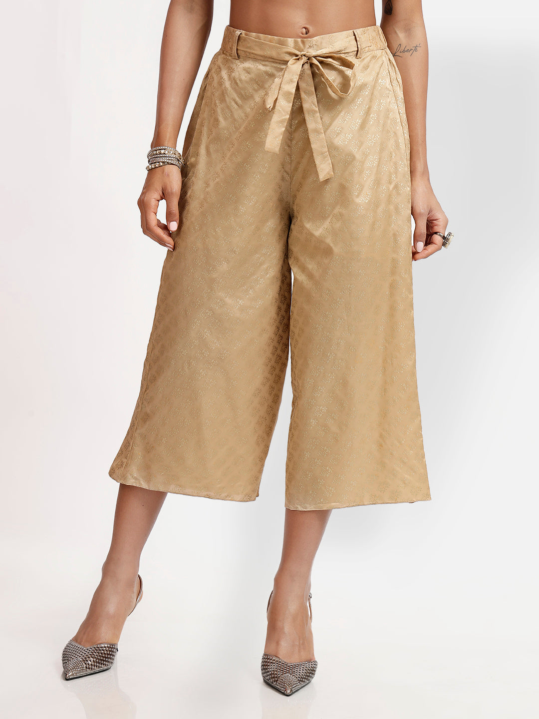 Beige Foil Print Plazzo With Front Tie Up