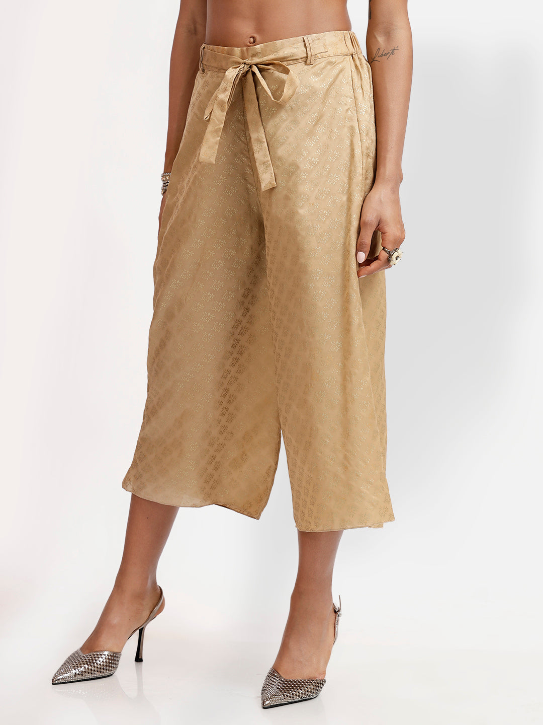 Beige Foil Print Plazzo With Front Tie Up