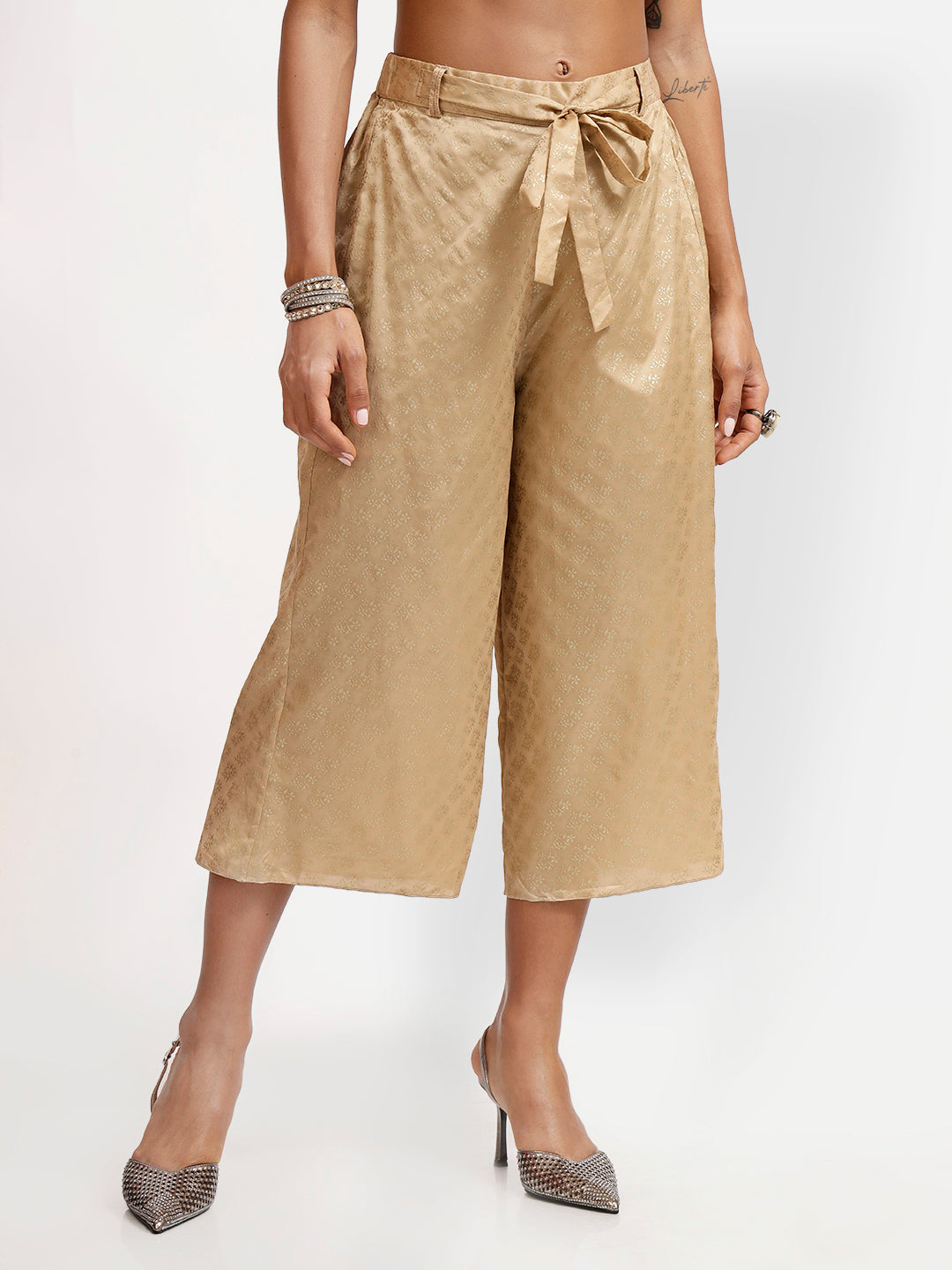 Beige Foil Print Plazzo With Front Tie Up