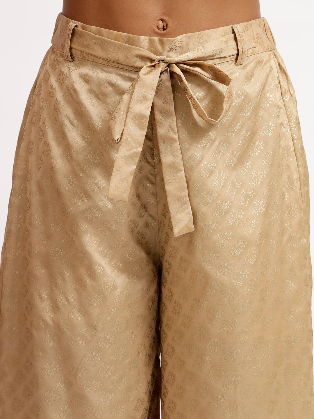Beige Foil Print Plazzo With Front Tie Up