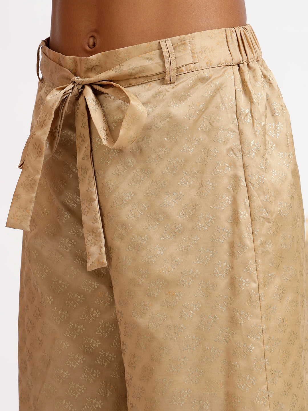 Beige Foil Print Plazzo With Front Tie Up