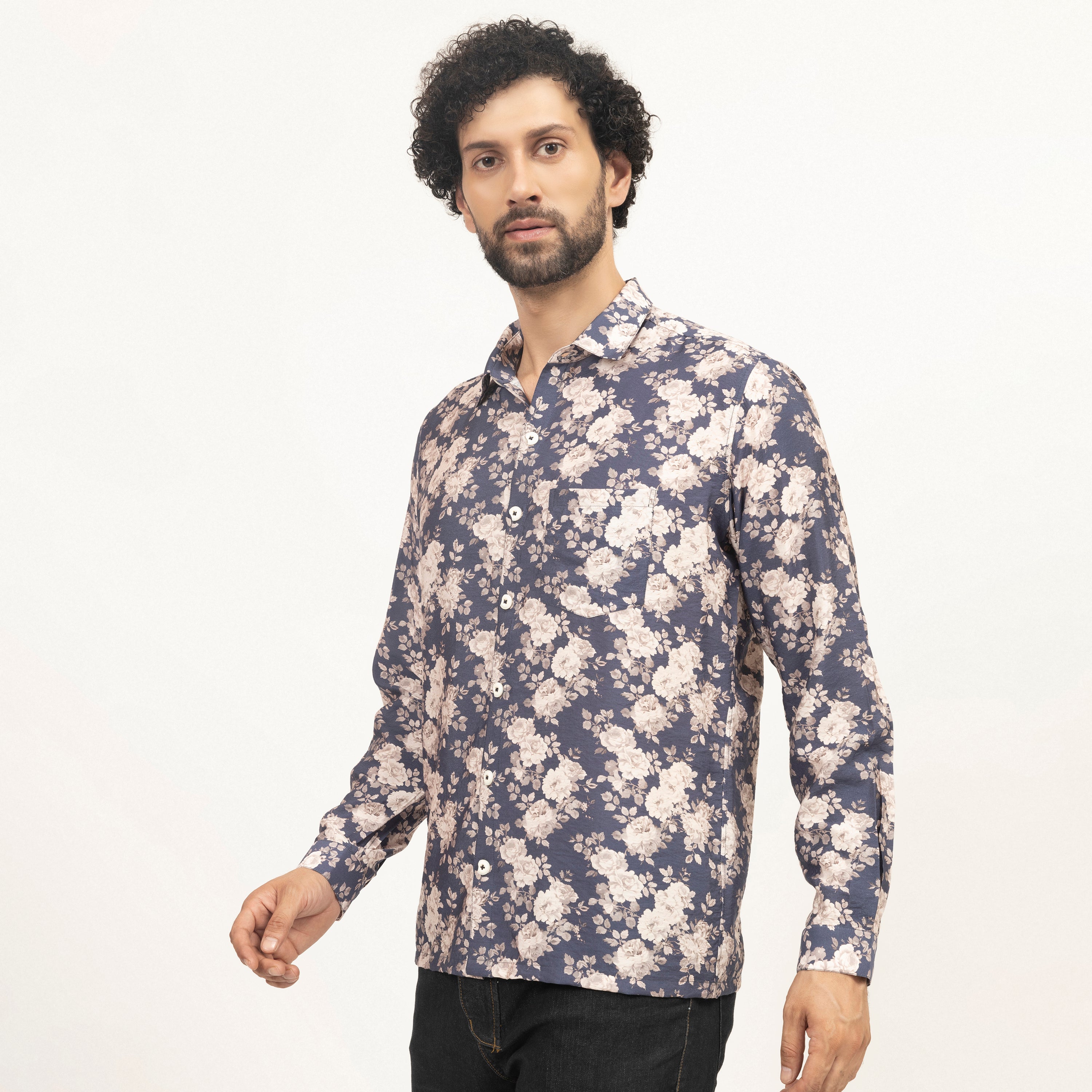 Blue Floral Printed Full Sleeves Shirt for Men-1