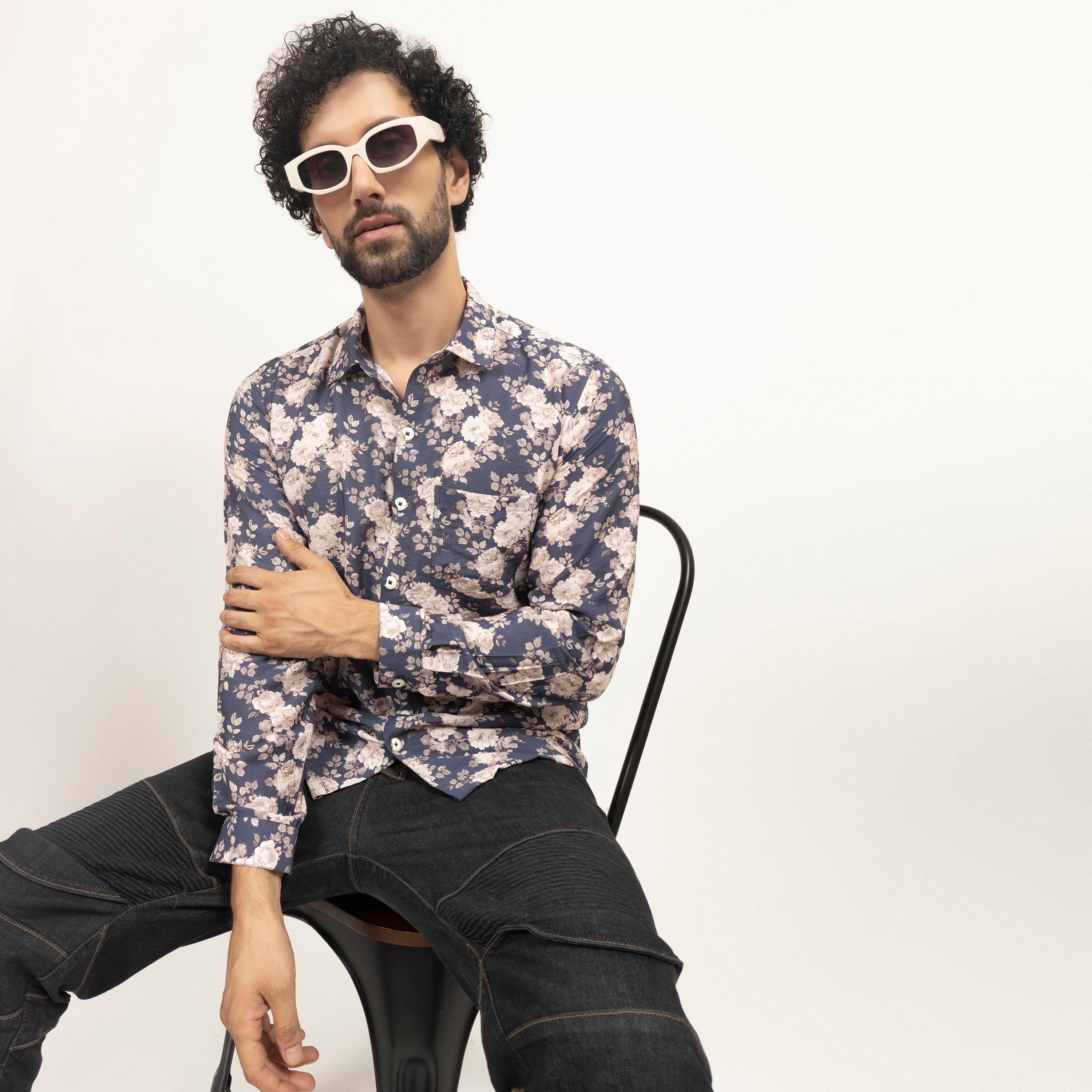 Blue Floral Printed Full Sleeves Shirt for Men