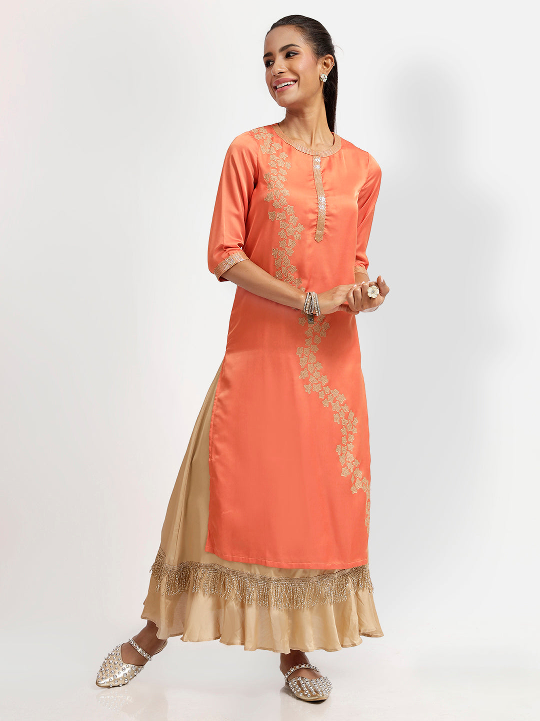 Peach Kurta With Abstract Embroidery