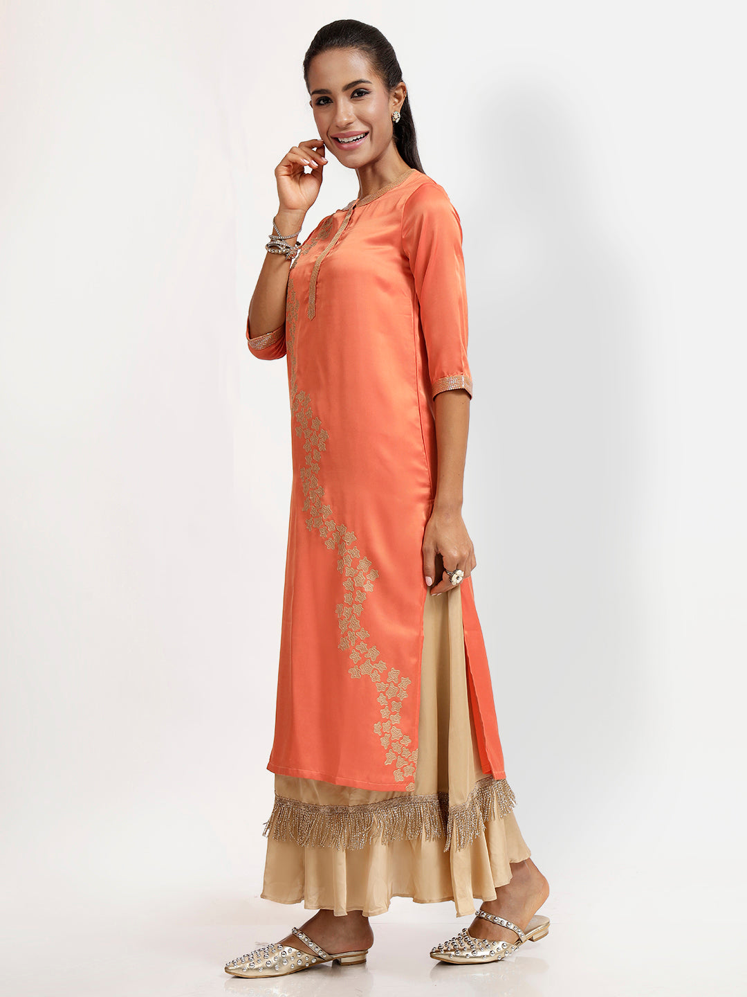 Peach Kurta With Abstract Embroidery