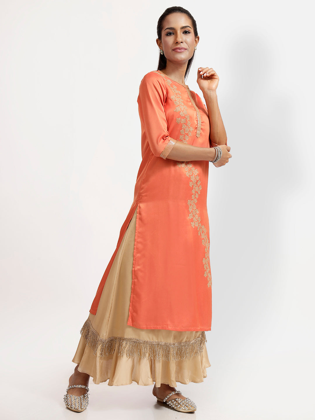 Peach Kurta With Abstract Embroidery