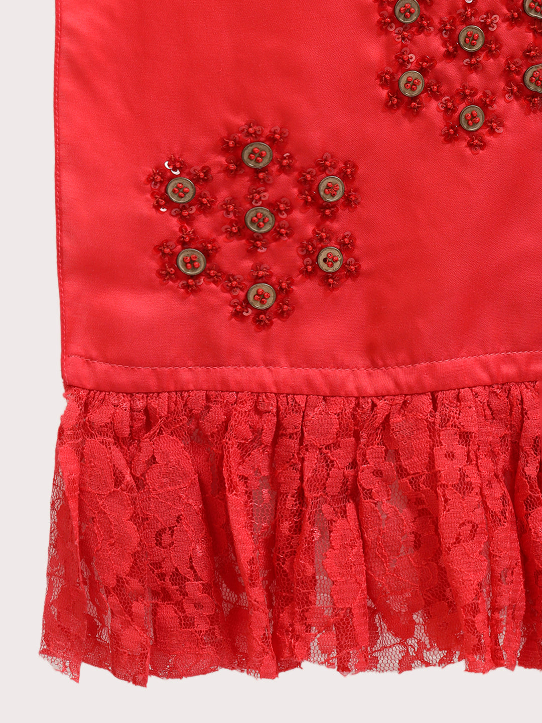 Red Tye & Dye With Flower Net Stole With Button Embroidery