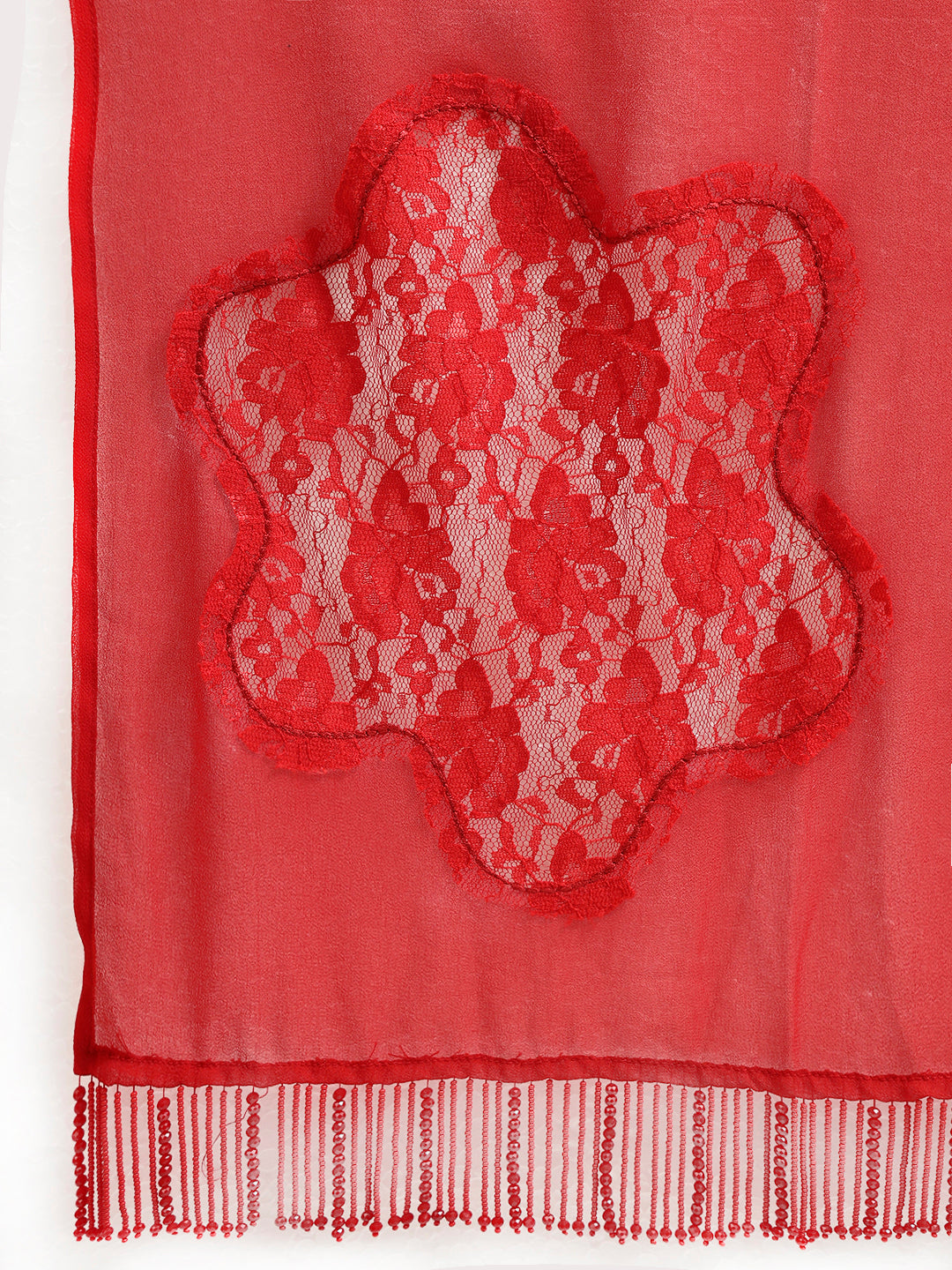 Red Georgette Stole With Red Flower Net Patch