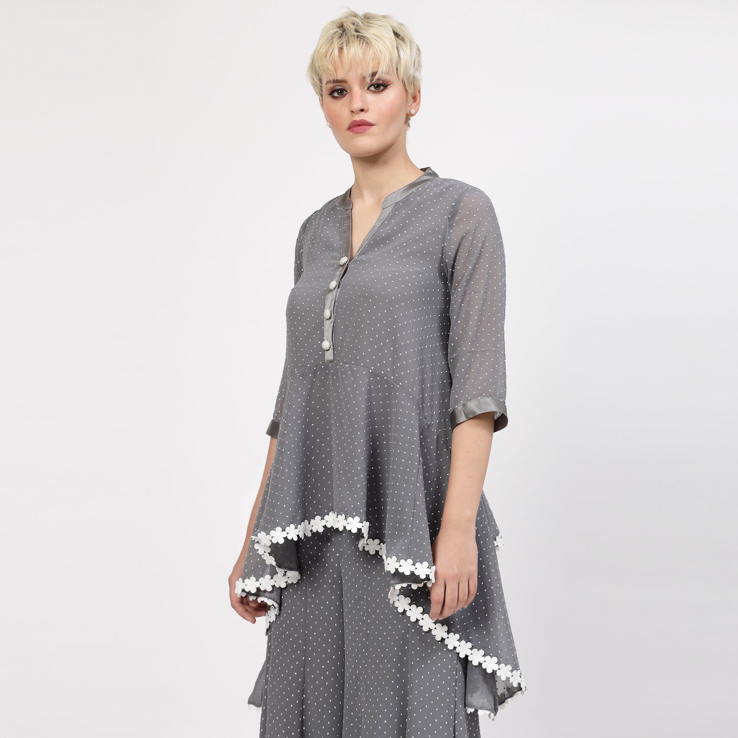 Grey Georgette Assymetrical Top with Silver Dots