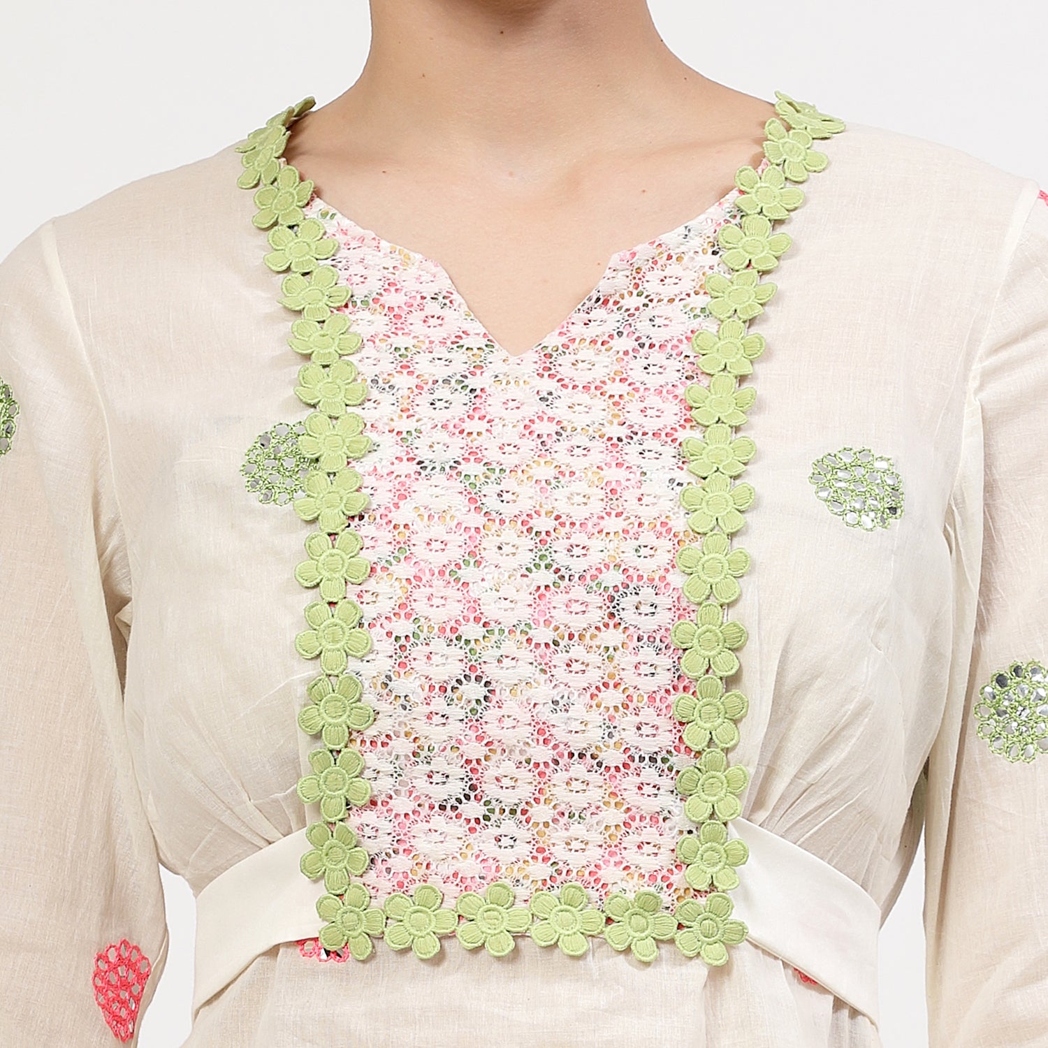 Off White Cotton Mirror Embroidery Top With Flower Net Lace At Yoke