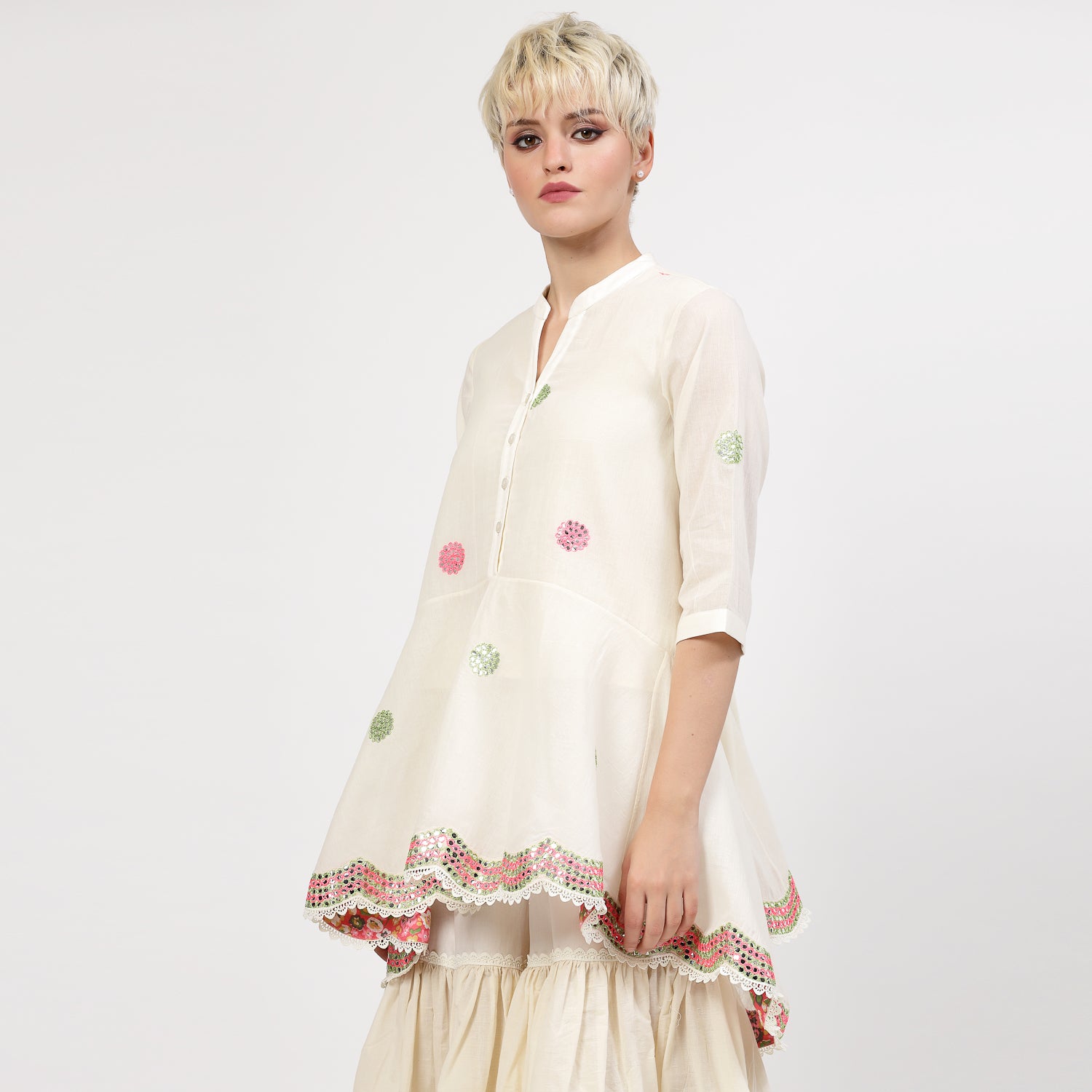 Off White Cotton Asymmetrical Top With Mirror Embroidery