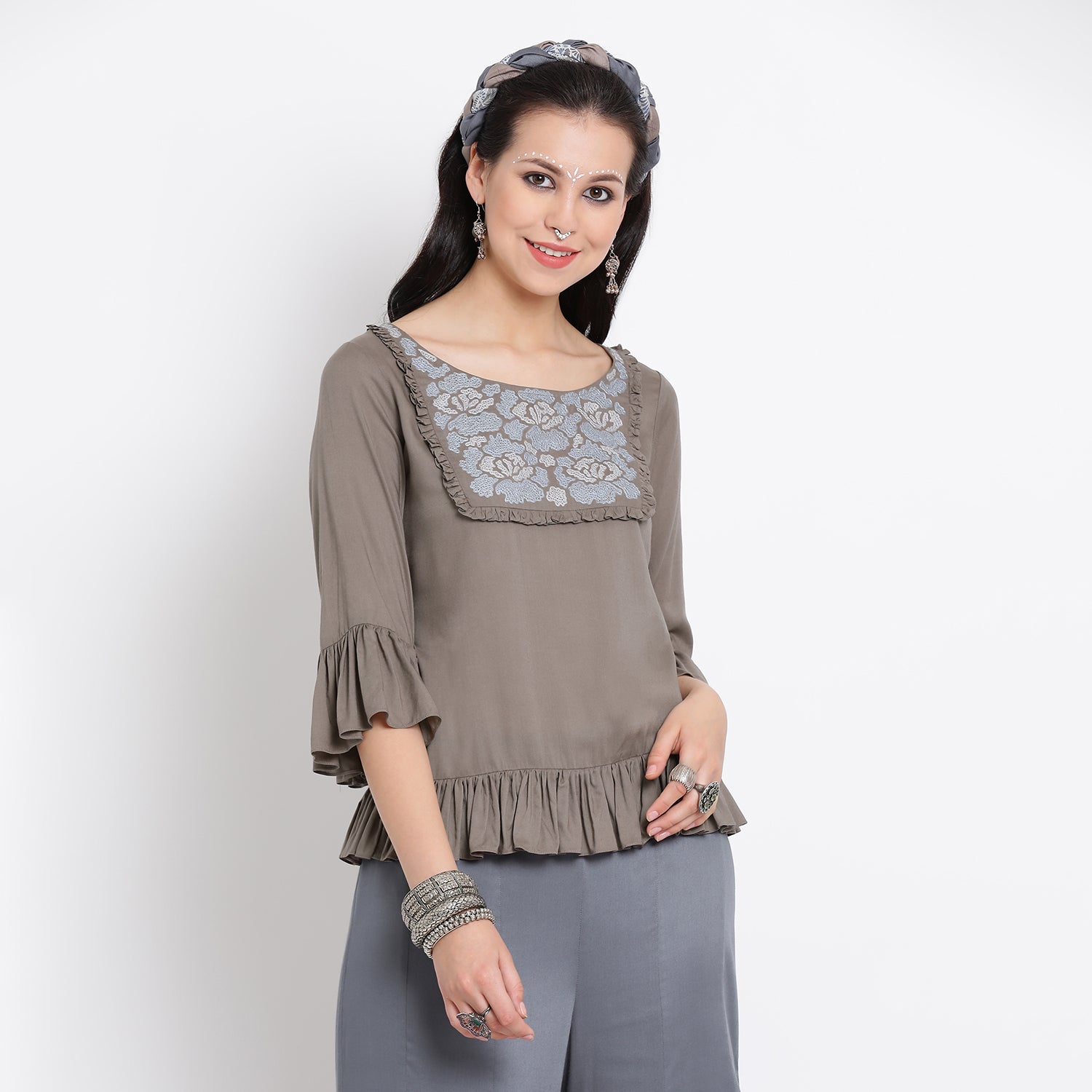 Grey Viscose Frill Top with Floral Thread Embroidery
