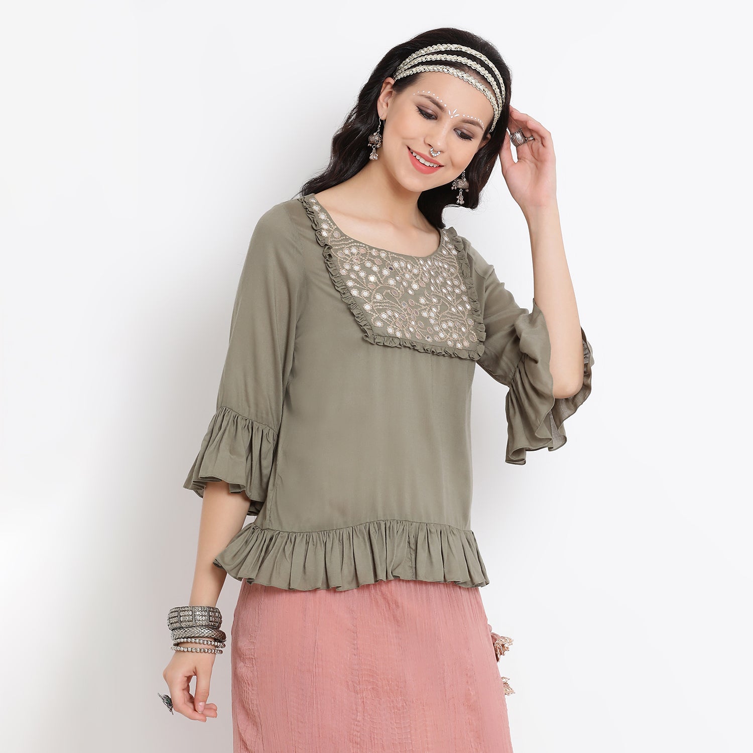 Olive Viscose Frill Top with Mirror Embroidery