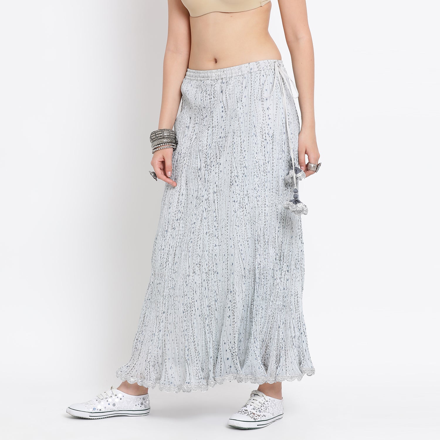 Light Blue Printed Chiffon Crinkle Skirt for Women