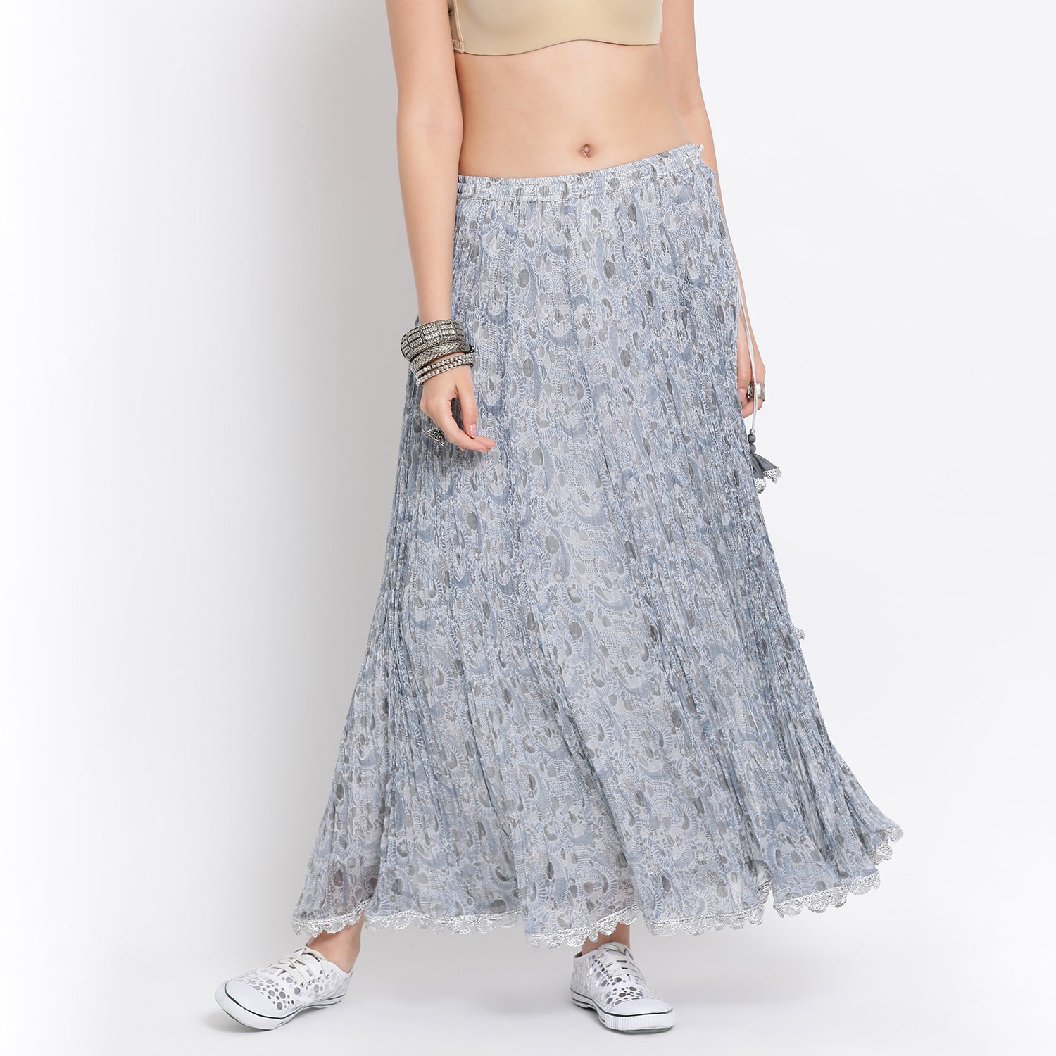 Blue Flower Printed Chiffon Crinkle Skirt for Female