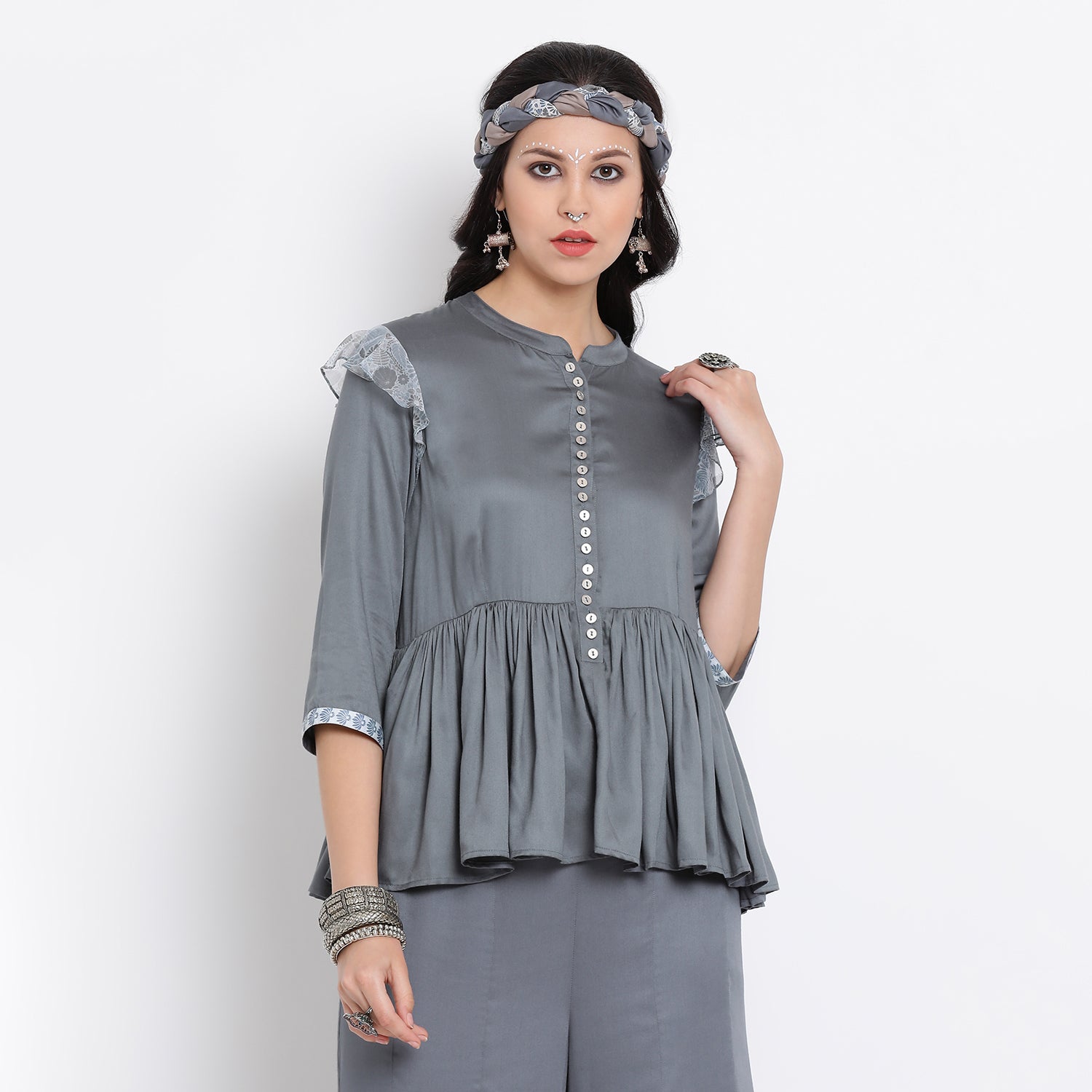 Stone Blue Viscose Peplum Top for Women