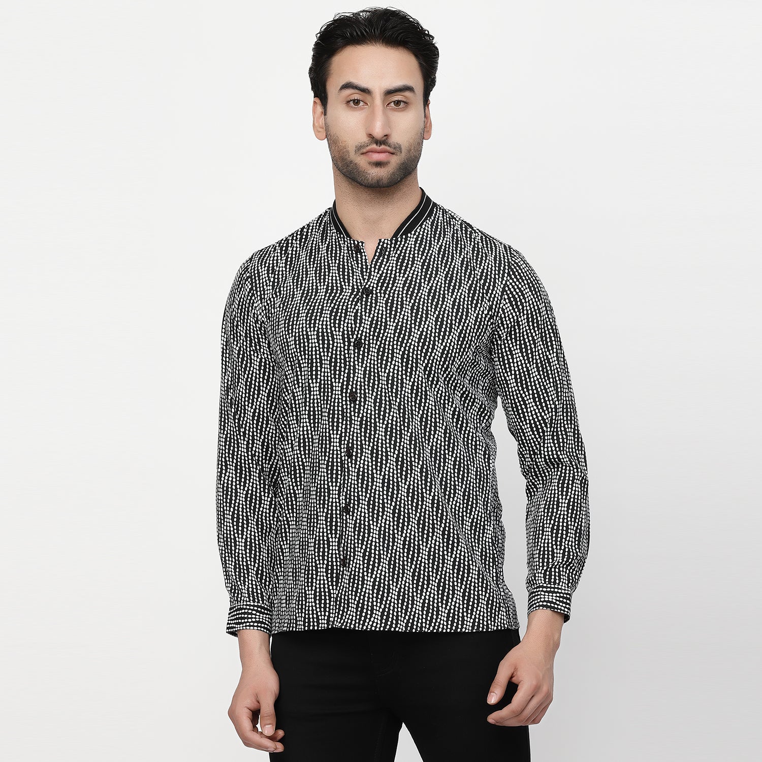 Black & White Polka Shirt With Ribbed Collar, shirts for men, men shirts, designer shirts, stylish shirts, shirt design