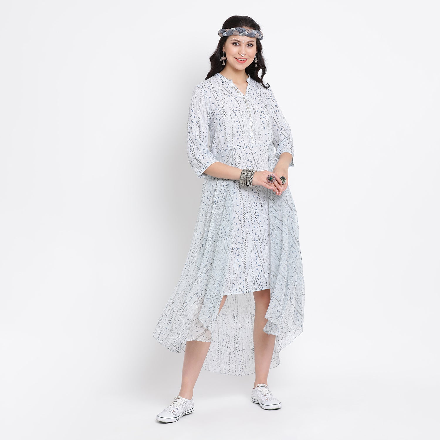 Sky Blue Printed Double Layer Dresses for Women