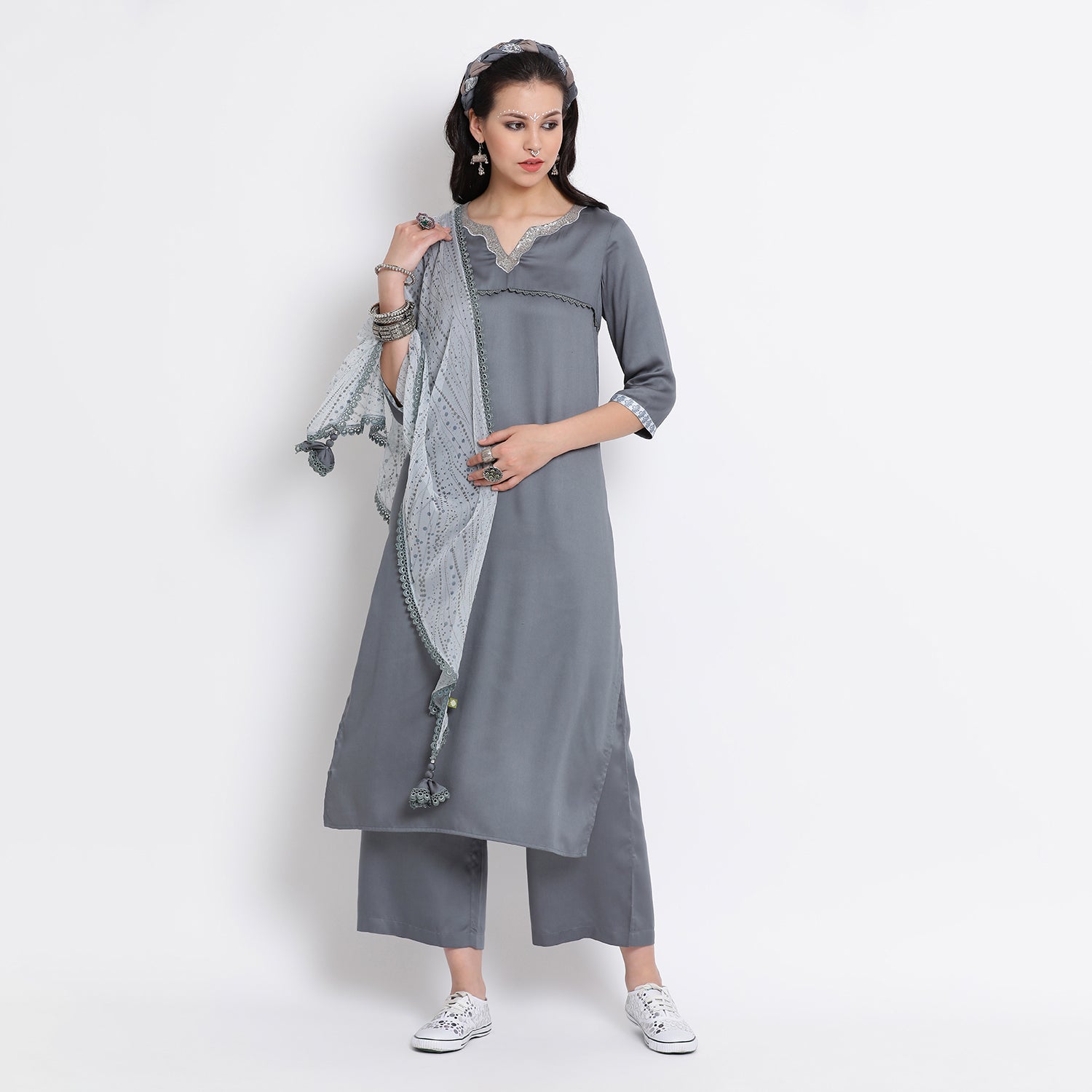 Sky blue chiffon stole with tassels