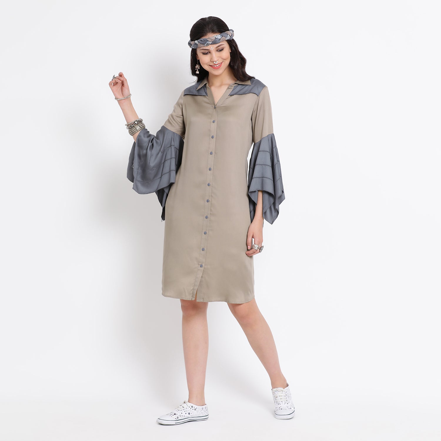 Grey Tunic for Women with Stone Blue Yoke