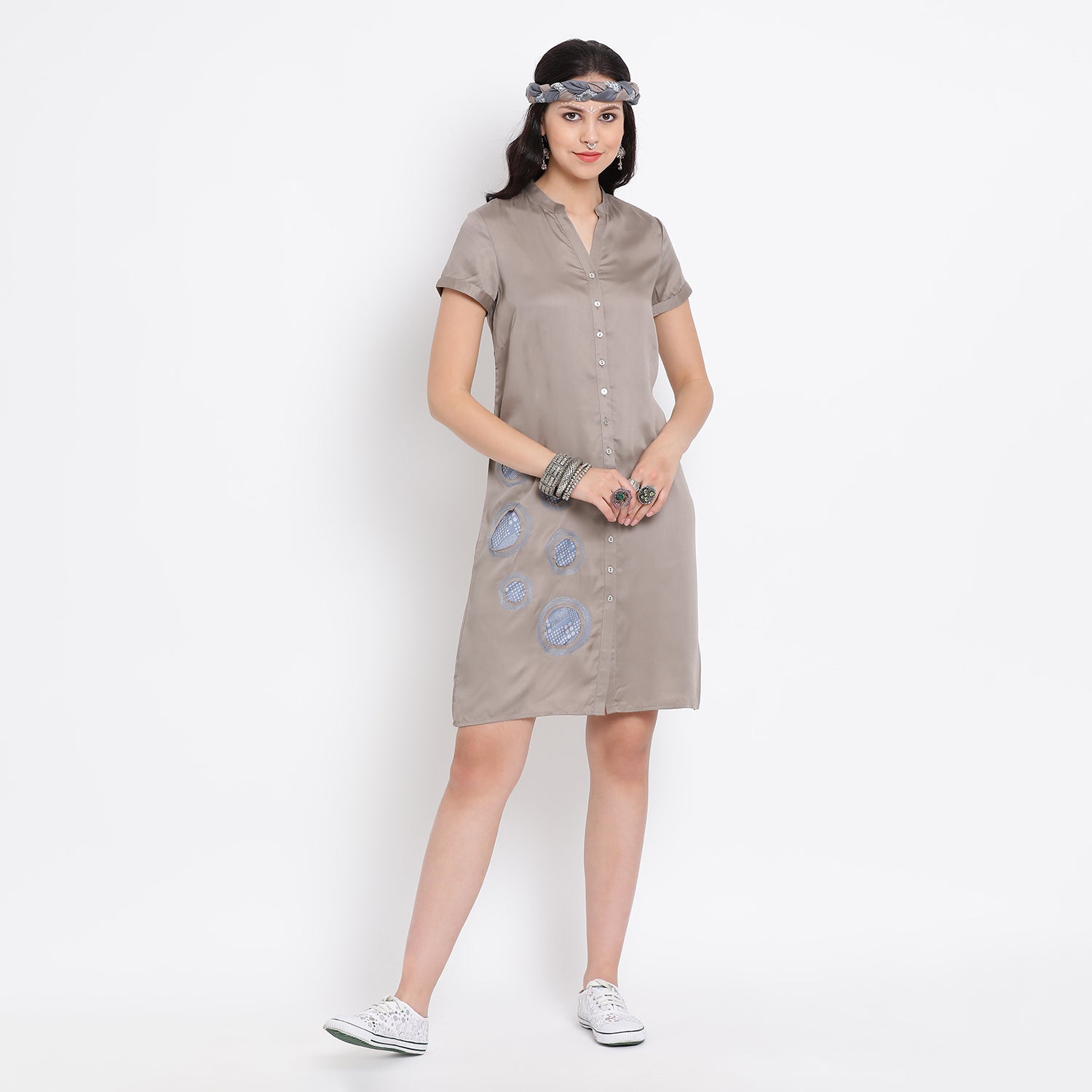 Grey viscose tunic with patch embroidery at bottom