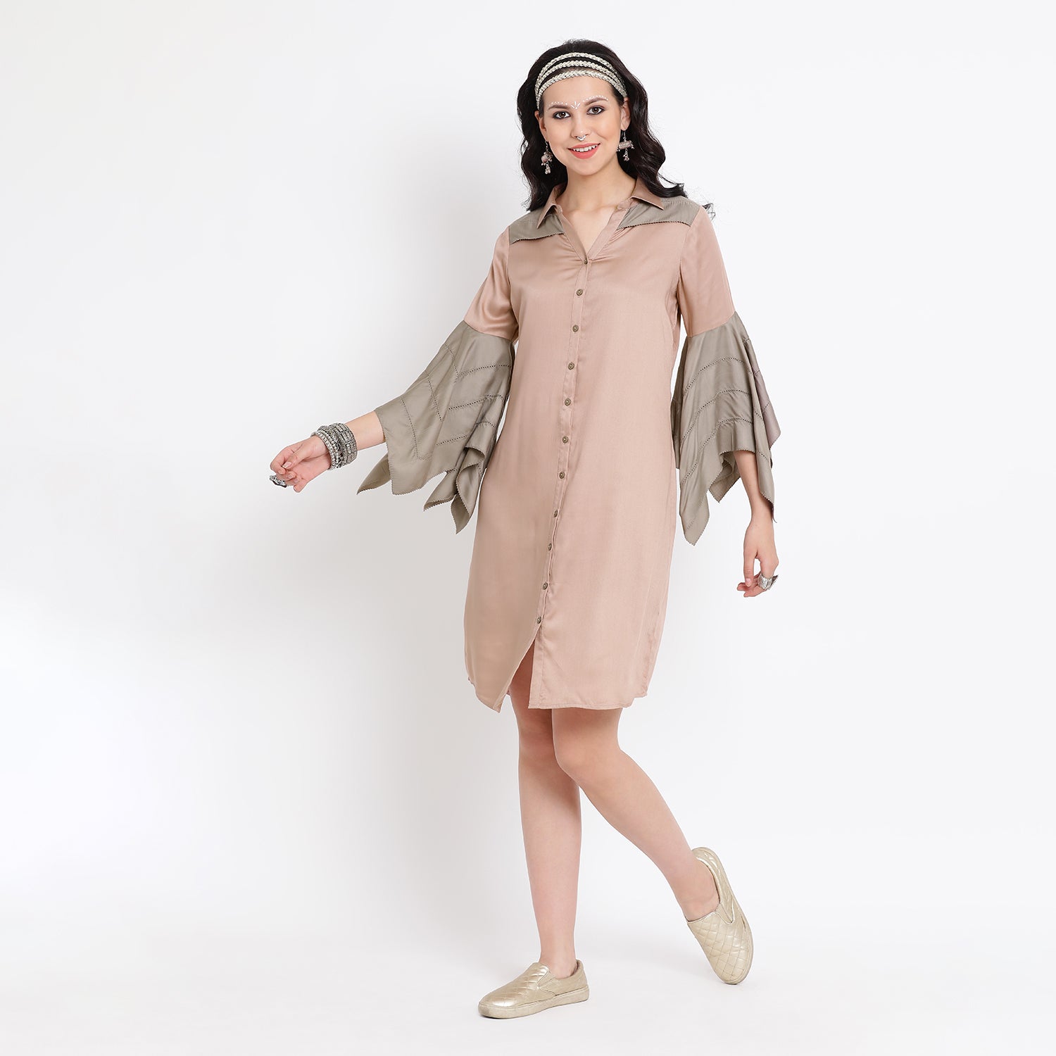 Pink Tunic with Stone grey yoke & hanky sleeves