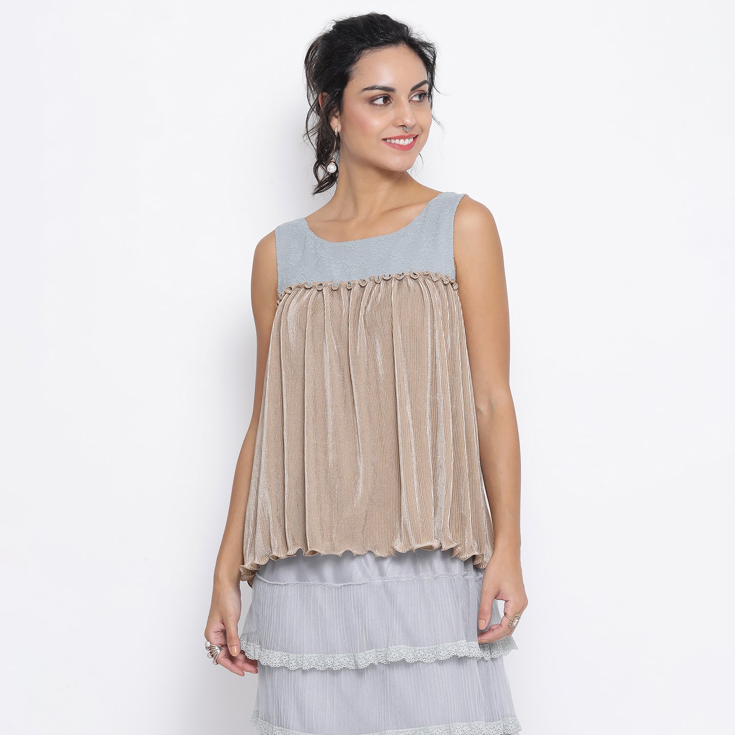 Beige Textured Sleeveless Top with Georgette