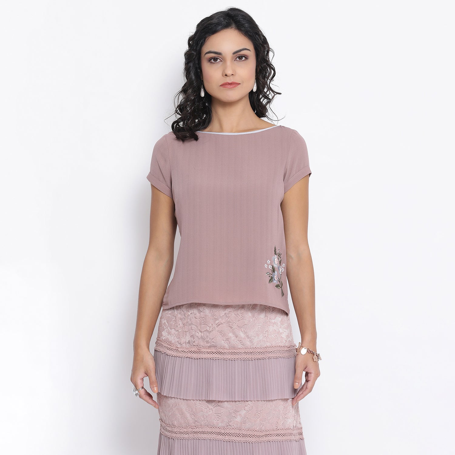 Rose Pink Boat Neck Top With Button Embroidery