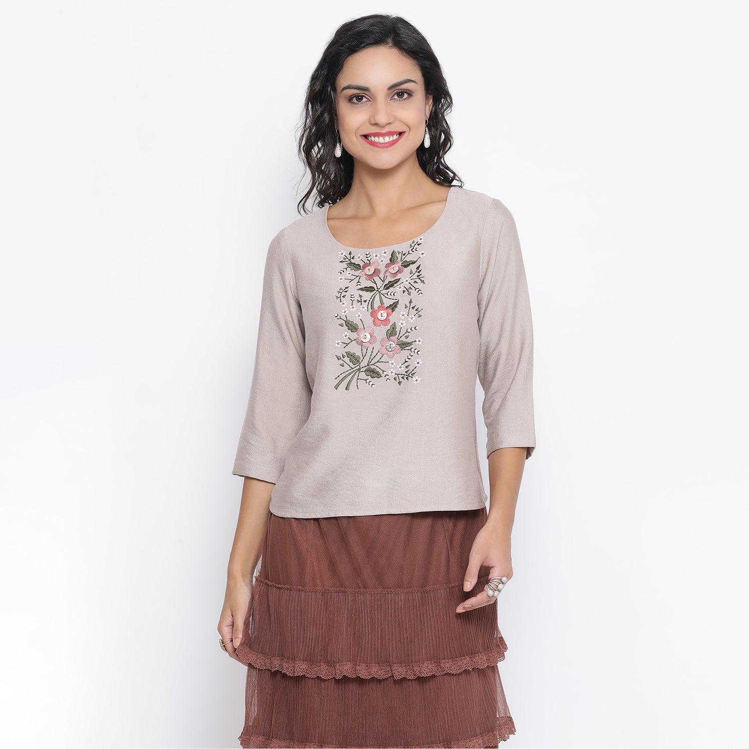 Beige Top with Floral and Button Embroidery