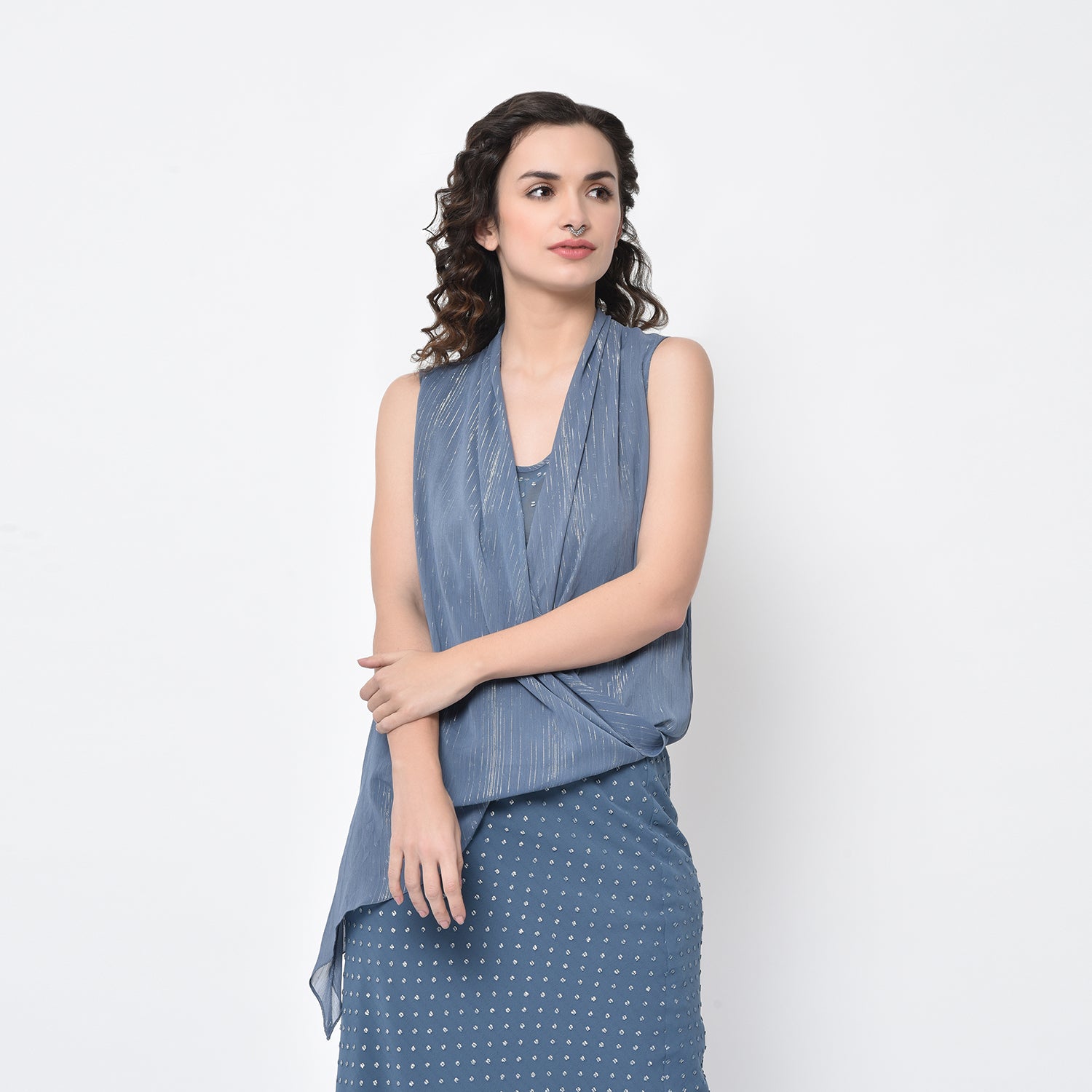 Stone Blue Drape Top with Lurex