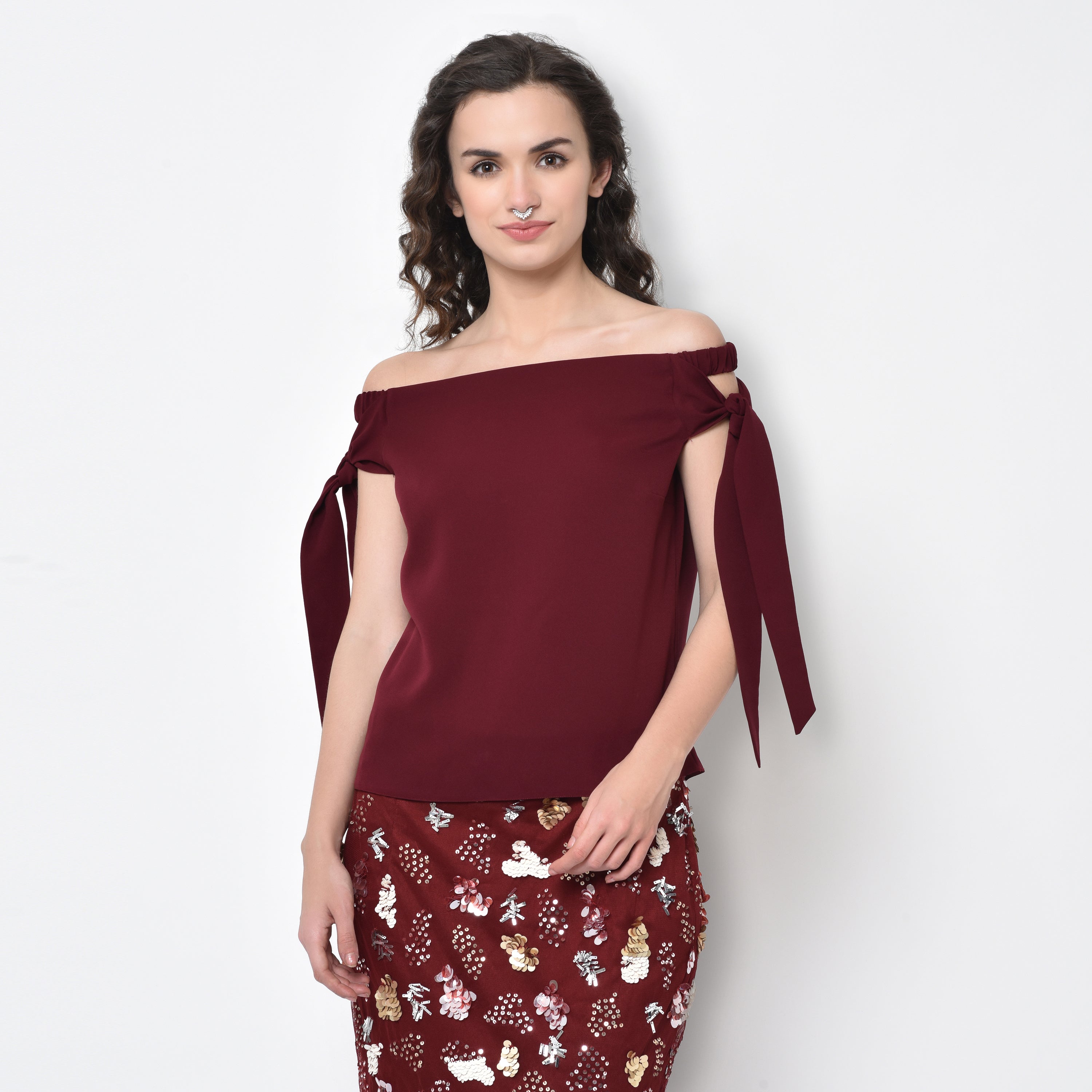 Maroon Off-Shoulder Tie-Up Top for Women Online