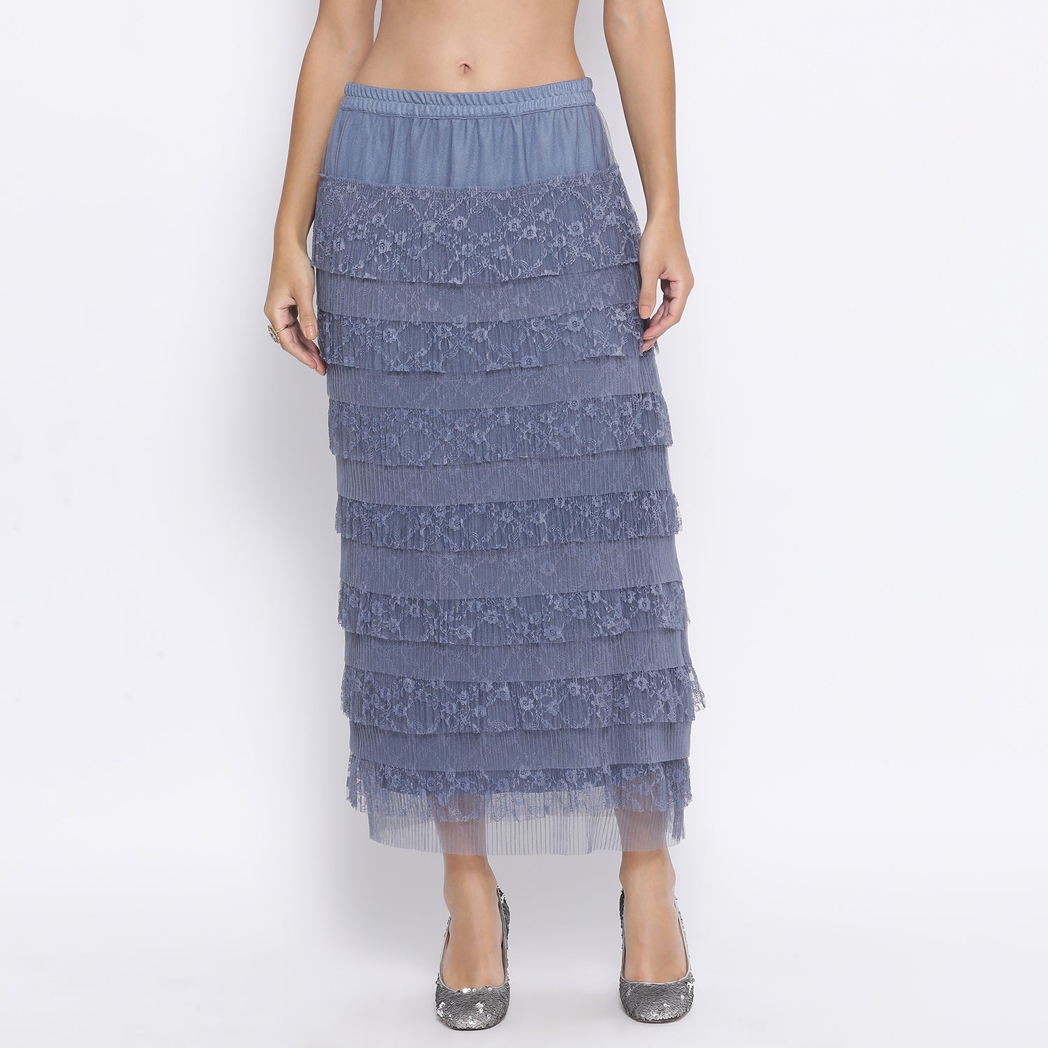 Stone Blue Lace Frill Net Skirt for Women