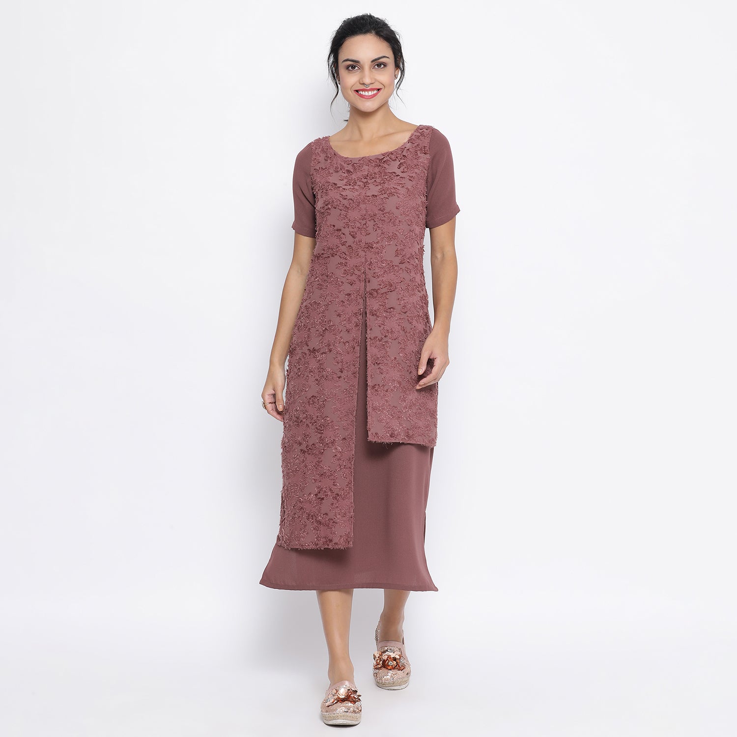 Rose Wood Double Layer Textured Long Dresses