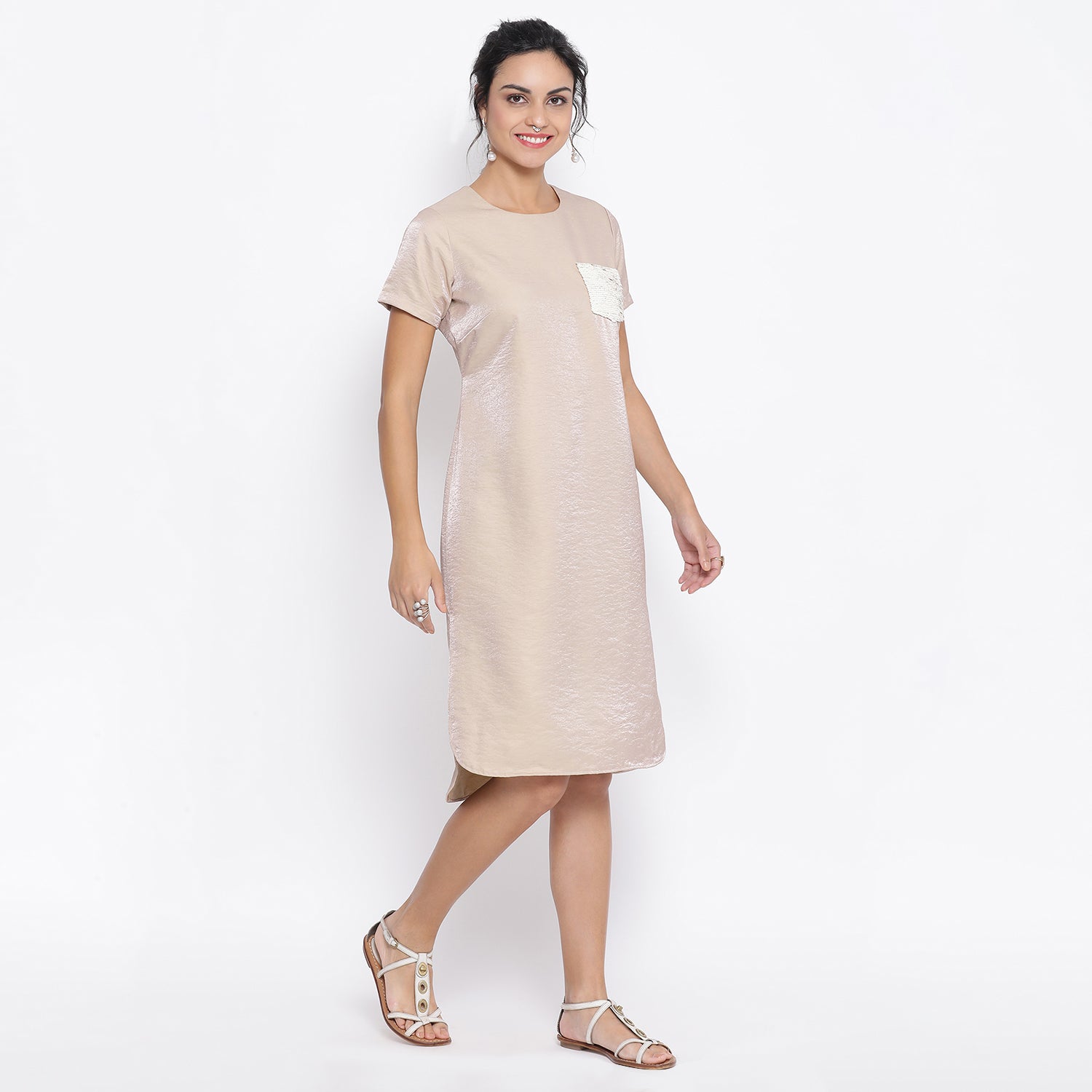 Beige Long Dress With Sequence Pocket