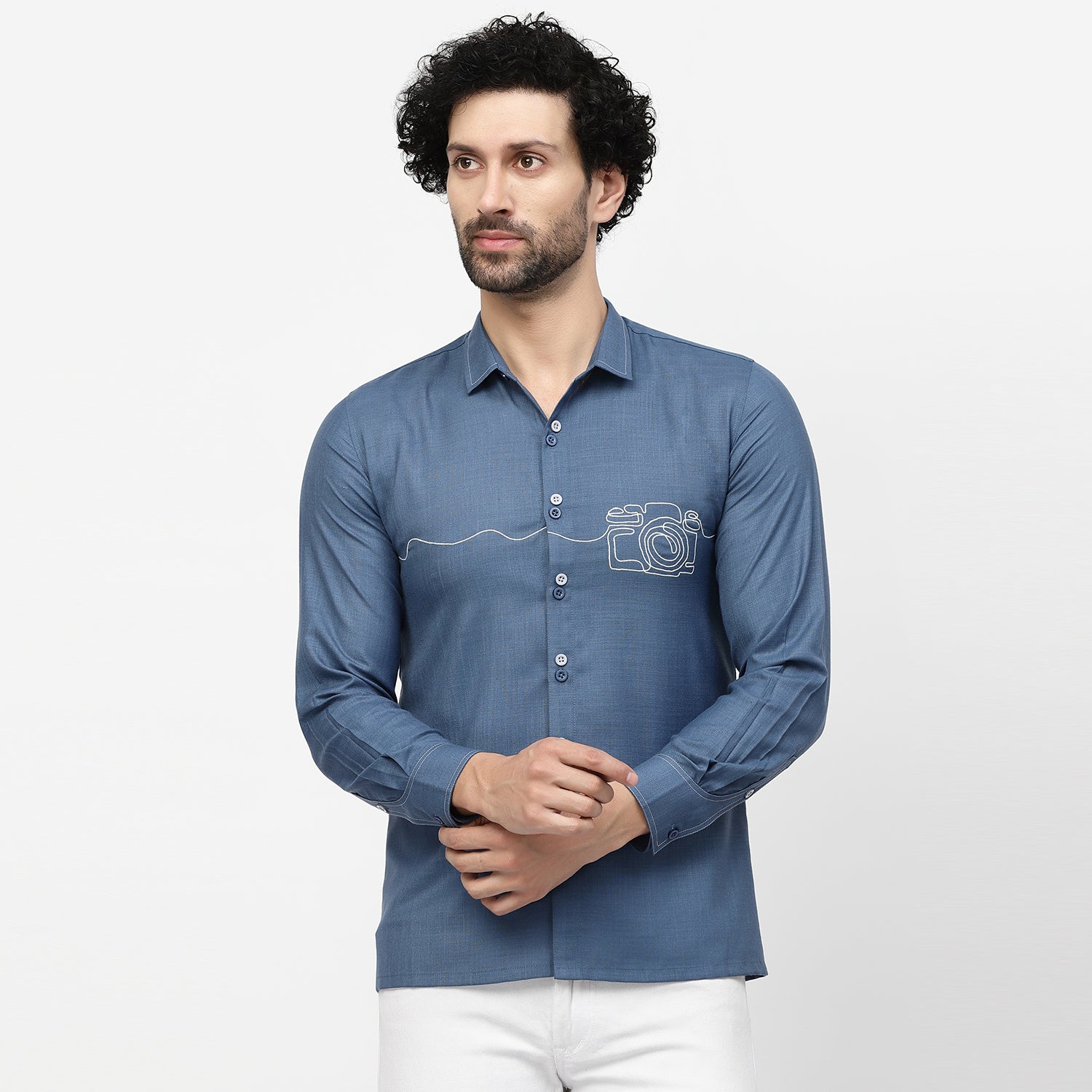 Linen Shirt for Men with Camera Embroidery