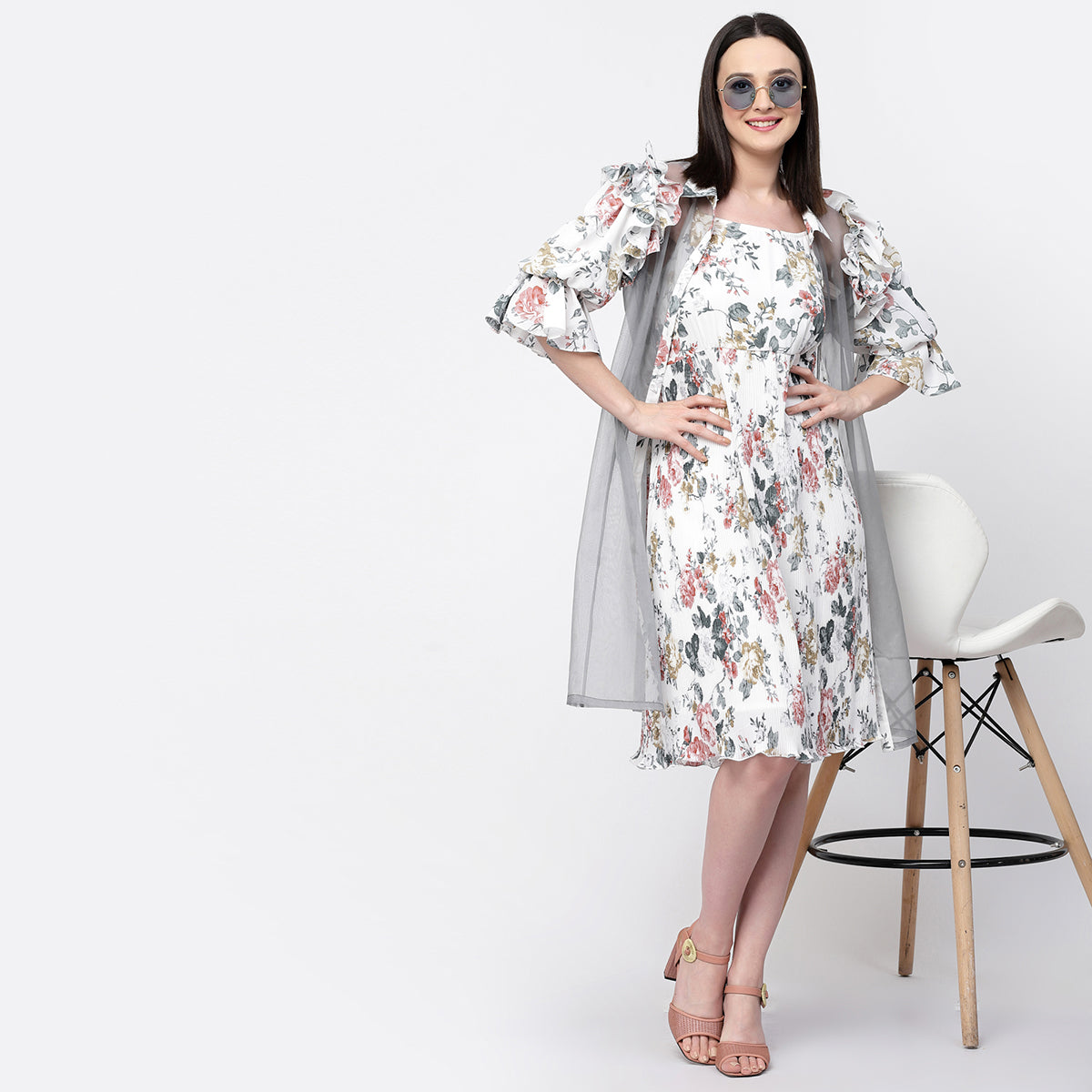 Organza Jacket With Floral Puff Sleeves