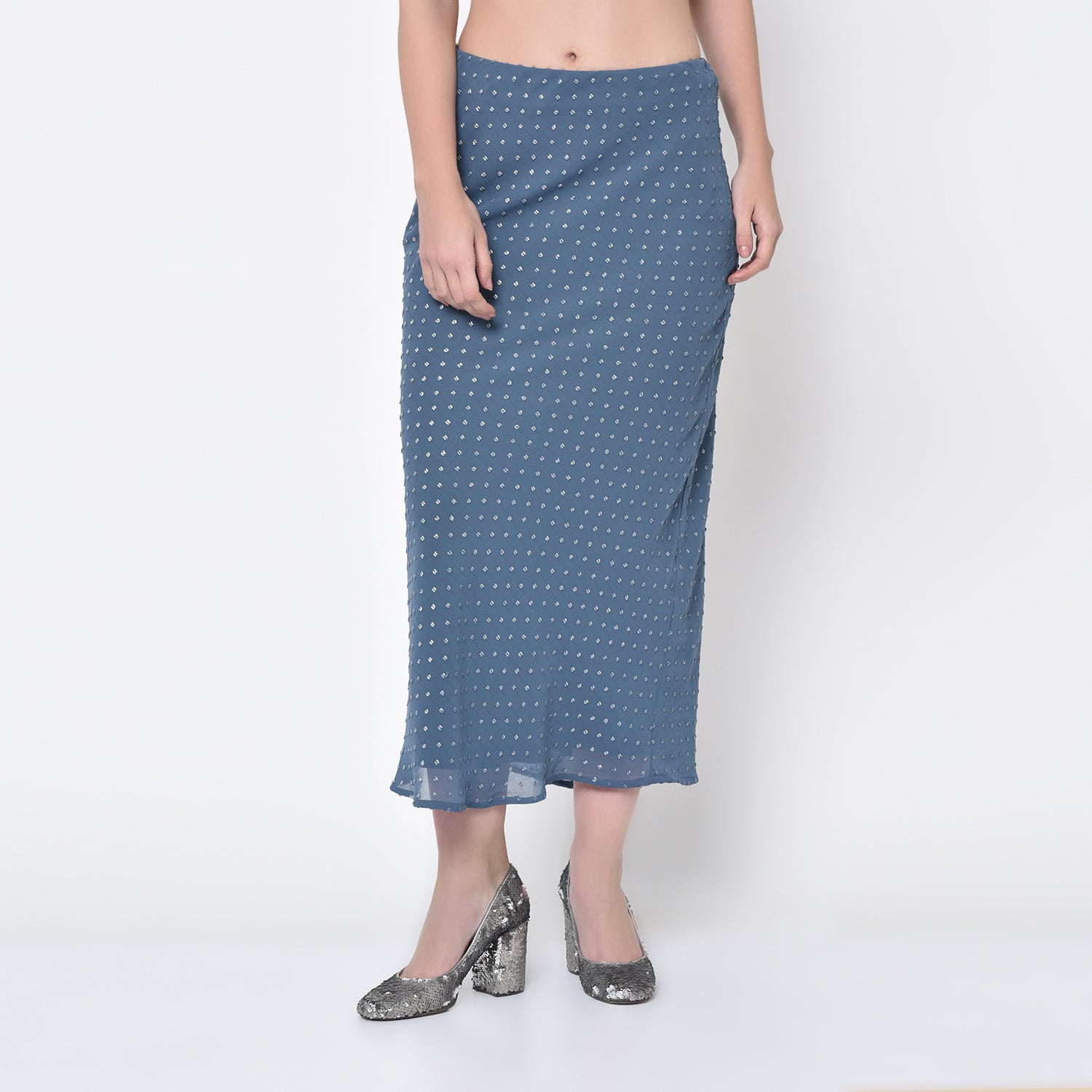 Silver Dot Stone Blue Bias Skirt for Ladies