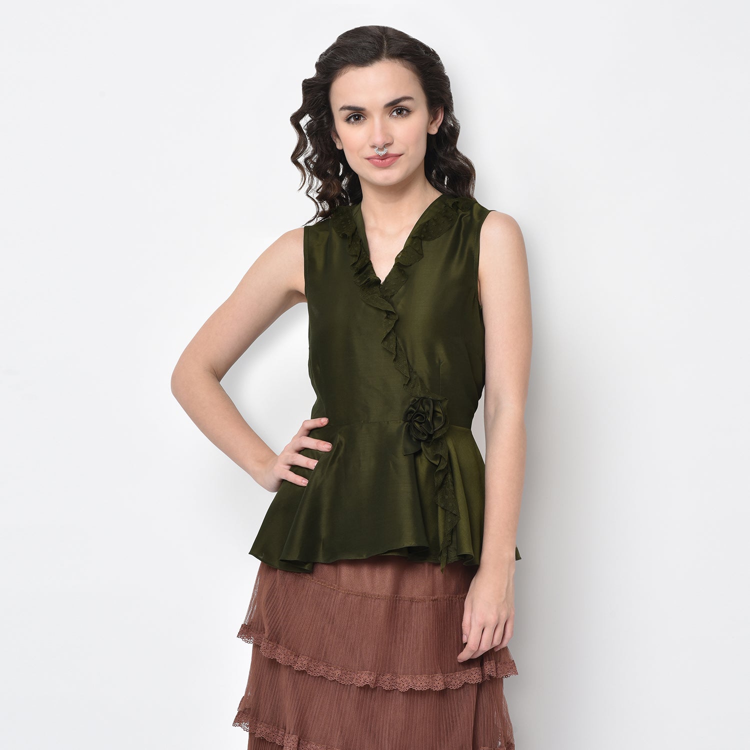 Olive Overlap Frill Top for Women