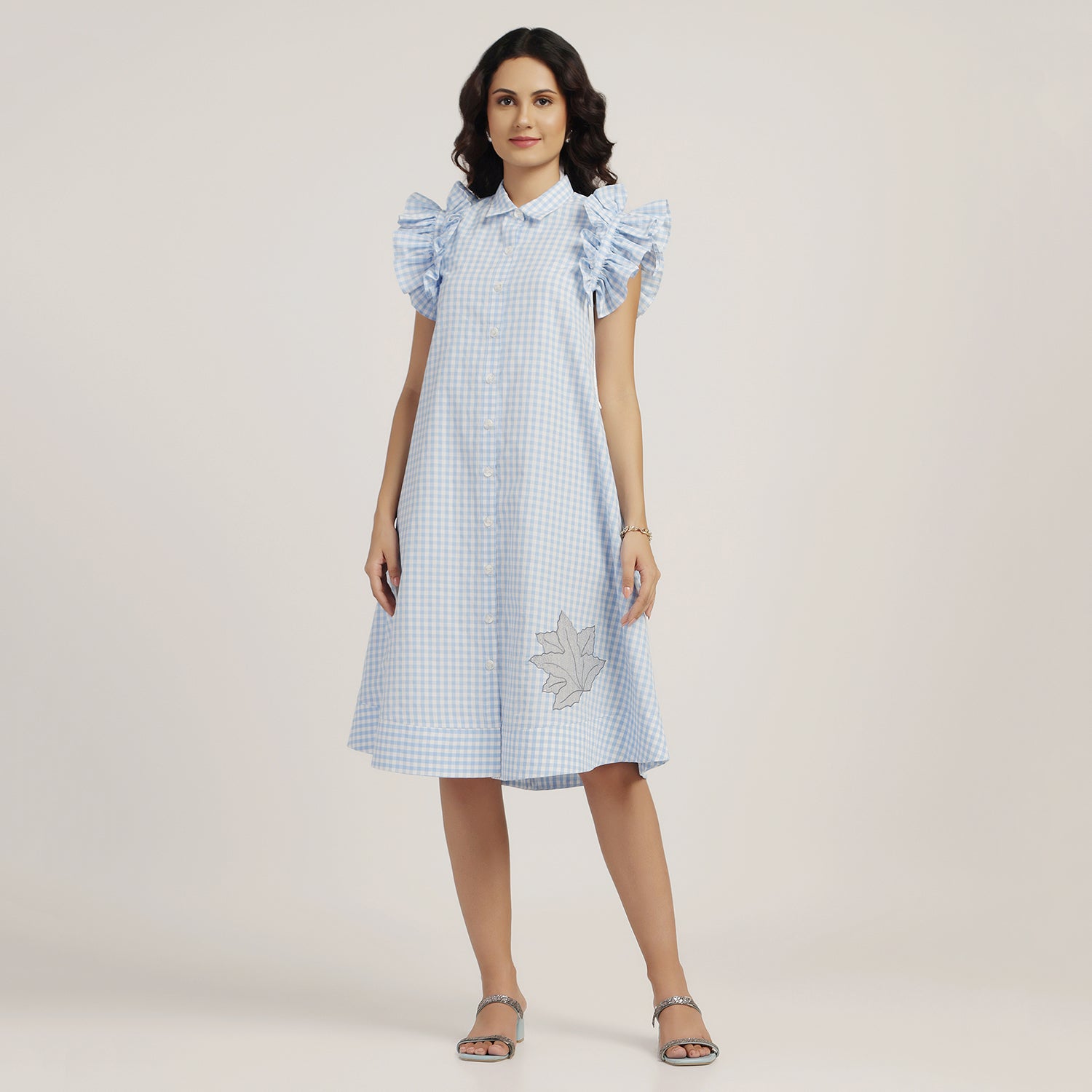 Blue Check Maple Leaf Embroidery Dress